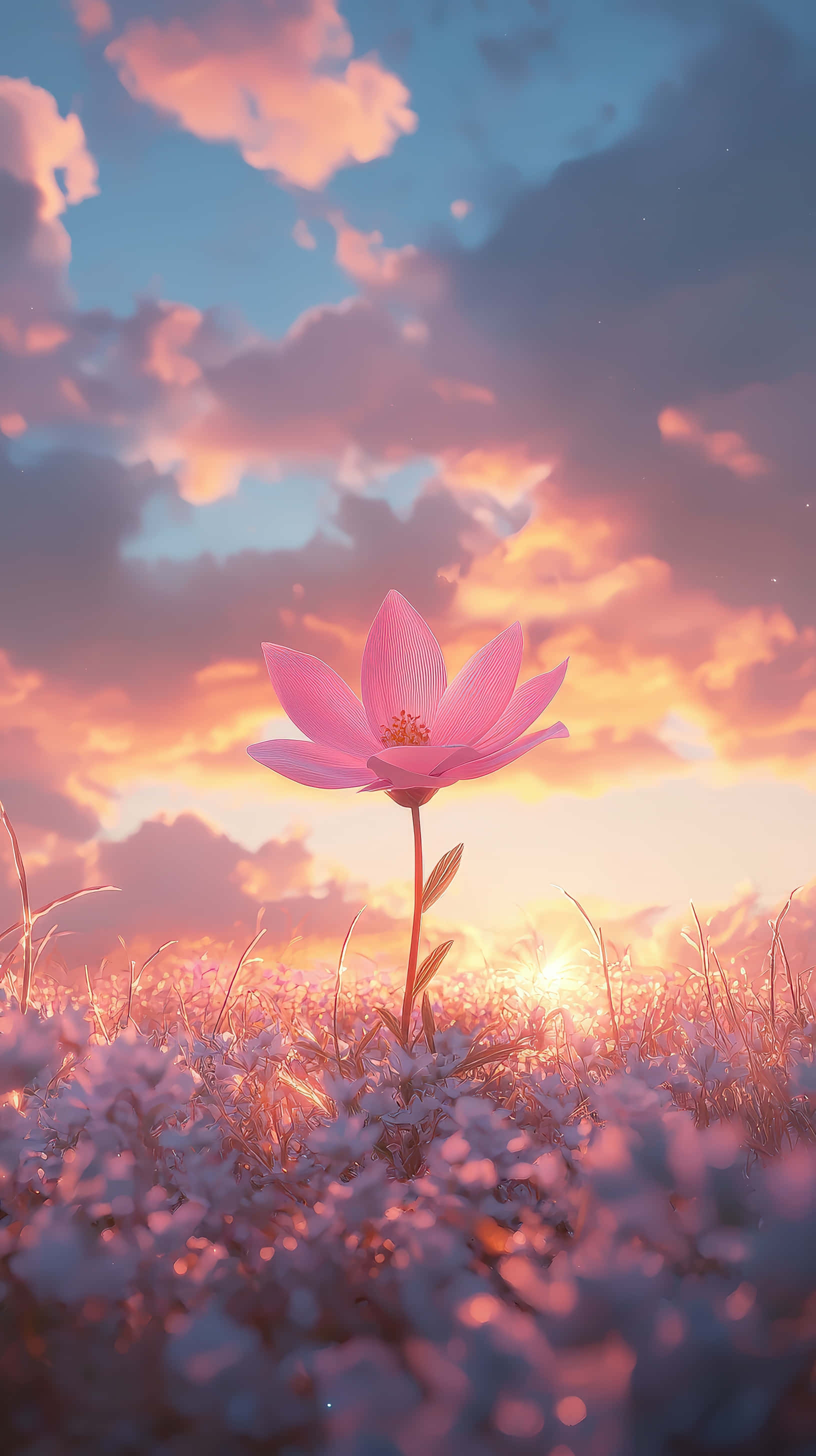 pink lotus, field of soft purple flowers, vibrant sunset sky, 2K Phone Wallpaper