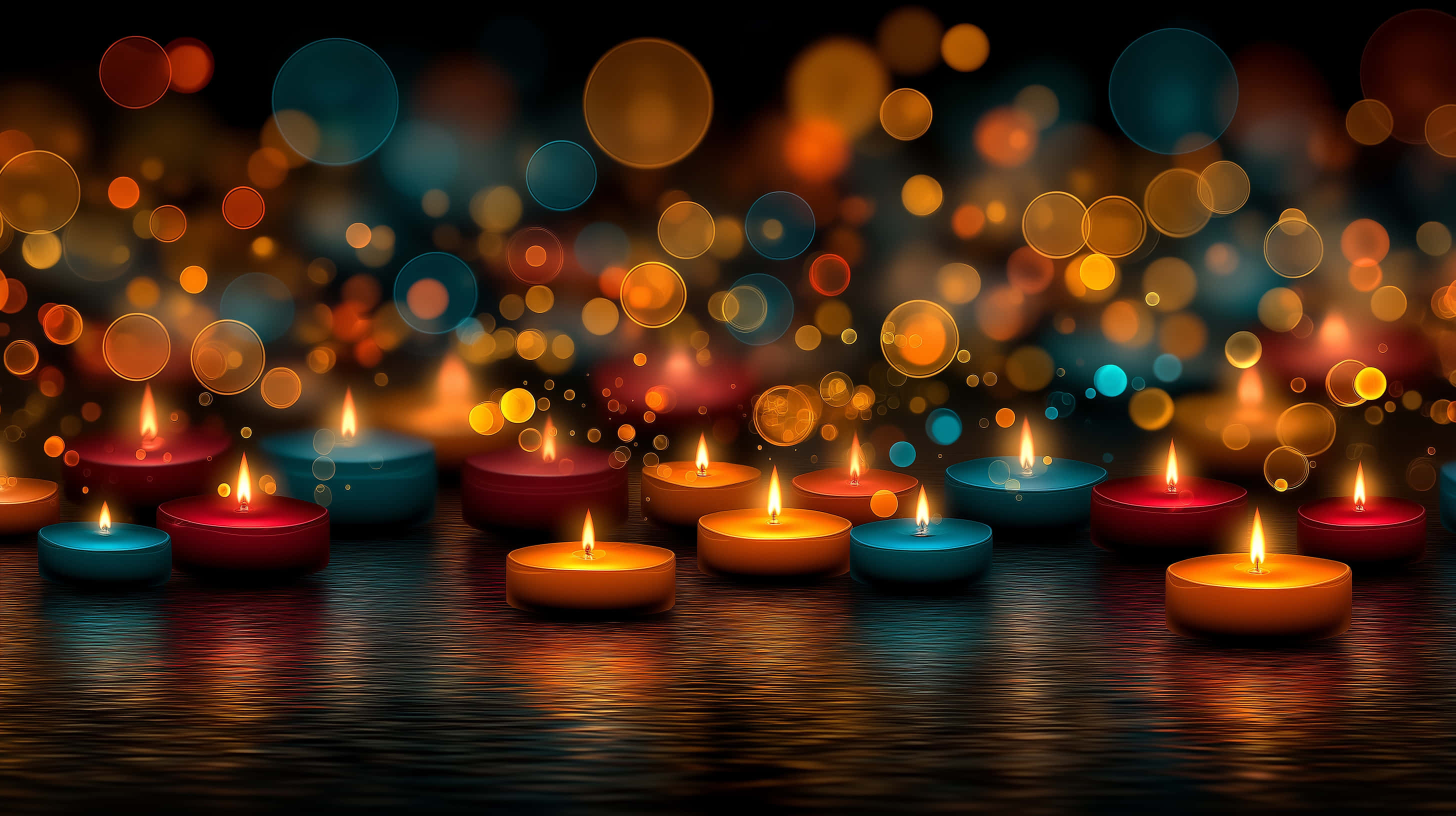 radiant candle array, textured glow, bokeh effects, 2K Desktop Wallpaper