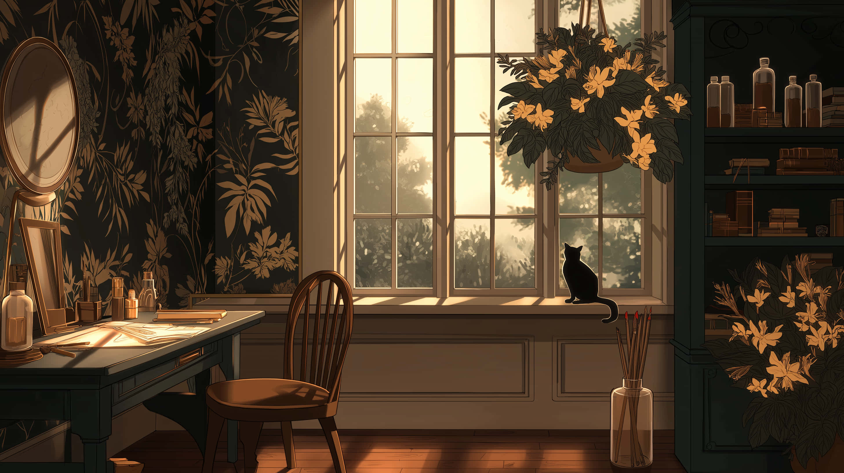 vintage study, dark floral wallpaper, wooden desk chair, 2K Desktop Wallpaper