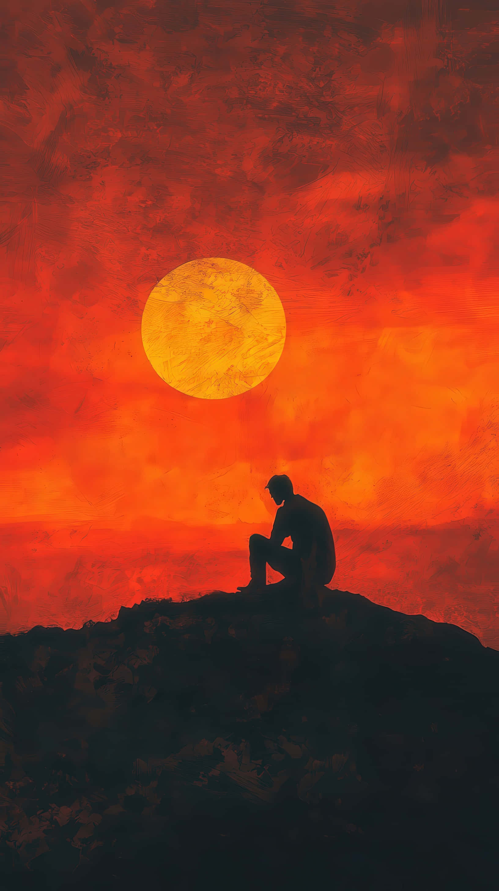 solitary figure, hill, vivid sunset sky, 2K Phone Wallpaper