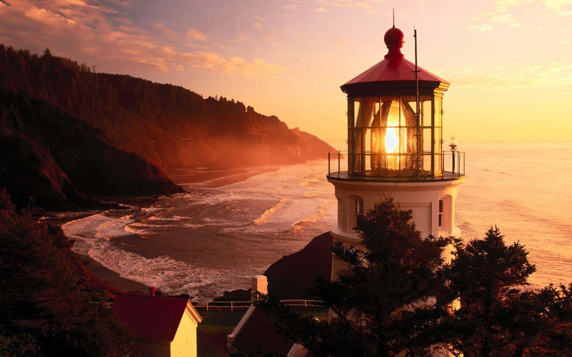 sunset lighthouse, cliffside, crashing waves, Full HD Desktop Wallpaper