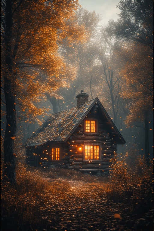 cozy log cabin, autumn woods, glowing windows, SD Phone Wallpaper