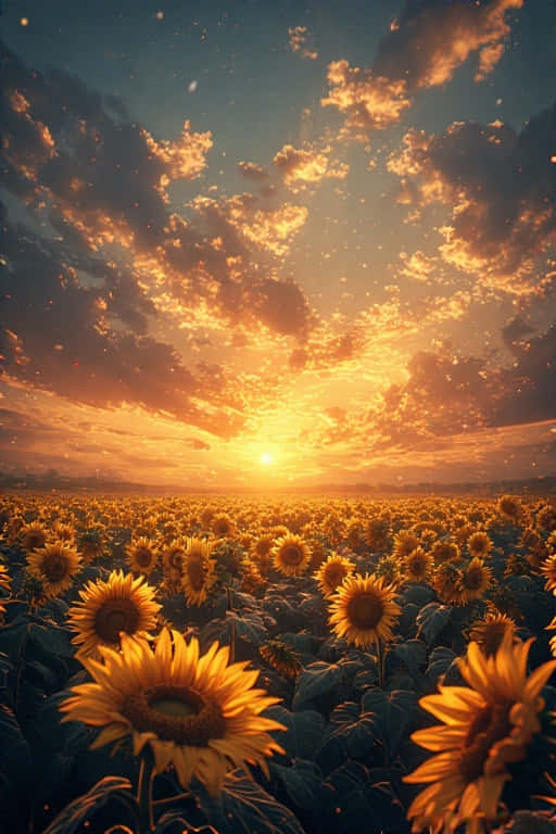 sunflower field, golden sunset, orange clouds, SD Phone Wallpaper