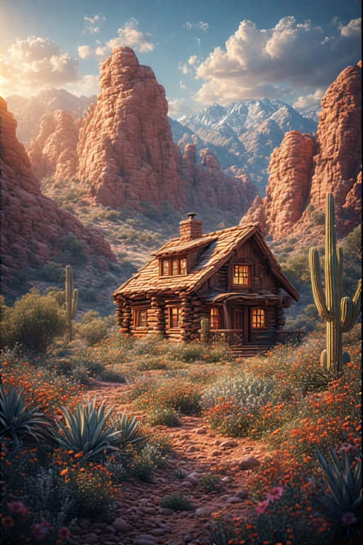 desert oasis cabin, wildflowers, red rock formations, SD Phone Wallpaper