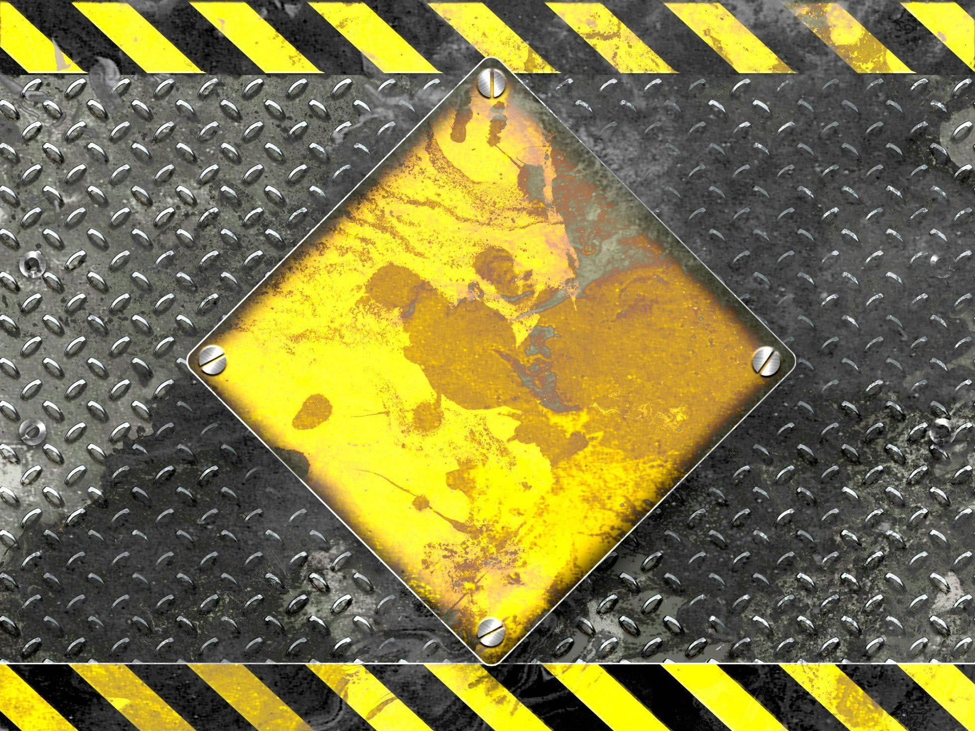 yellow diamond plate sign, gritty diamond plate surface, bold yellow and black hazard stripes, Full HD Desktop Wallpaper