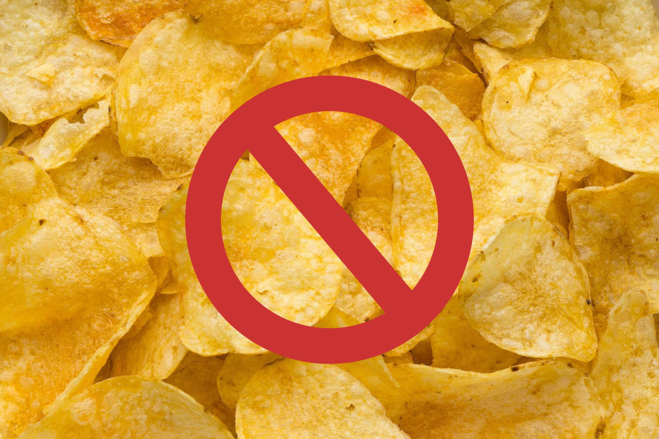 Chips Snacks Warning Sign, red prohibition symbol, golden crispy potato chips, Full HD Desktop Wallpaper