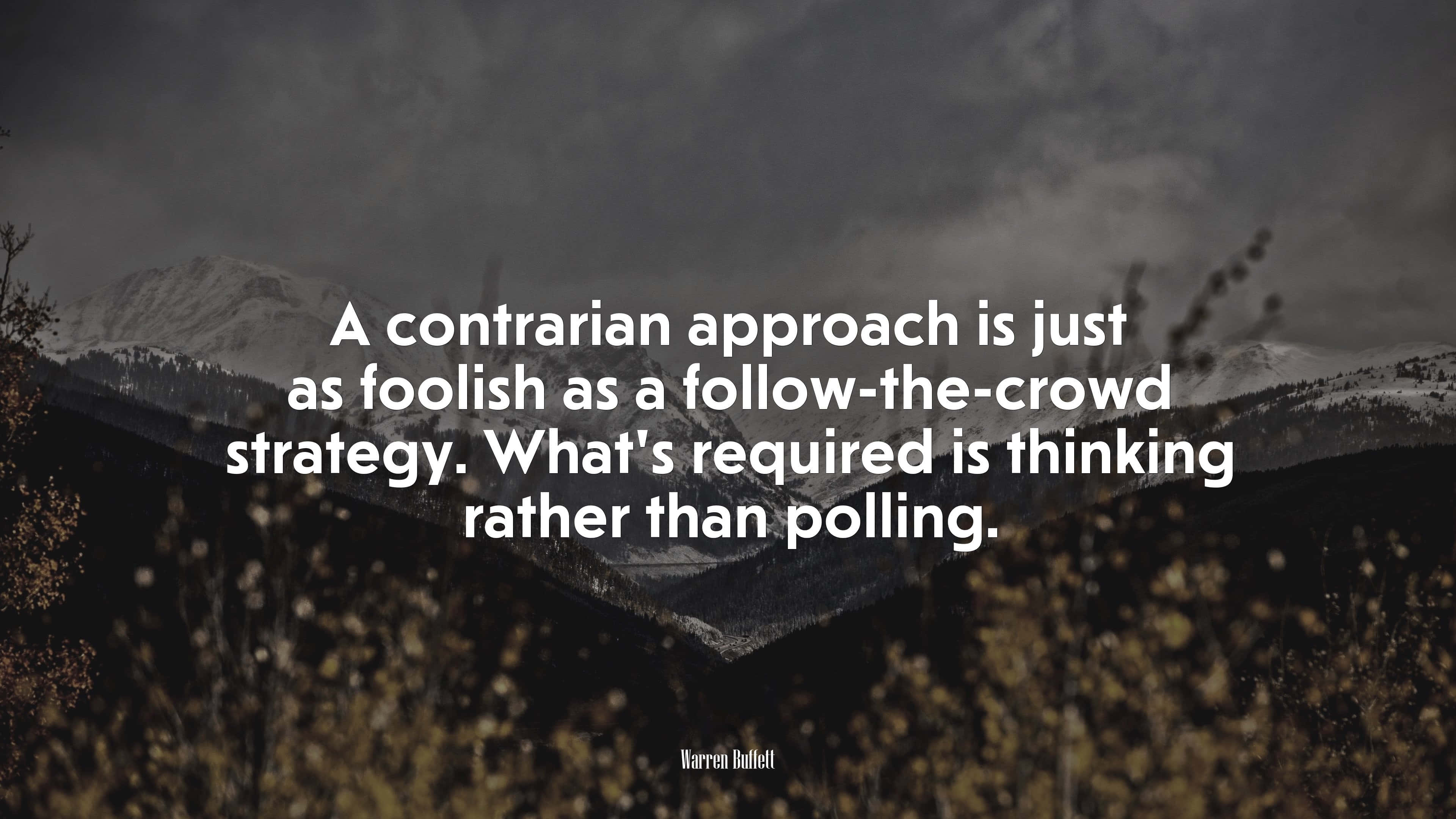 Warren Buffett, contrarian approach, dark mountain range, 4K Desktop Wallpaper