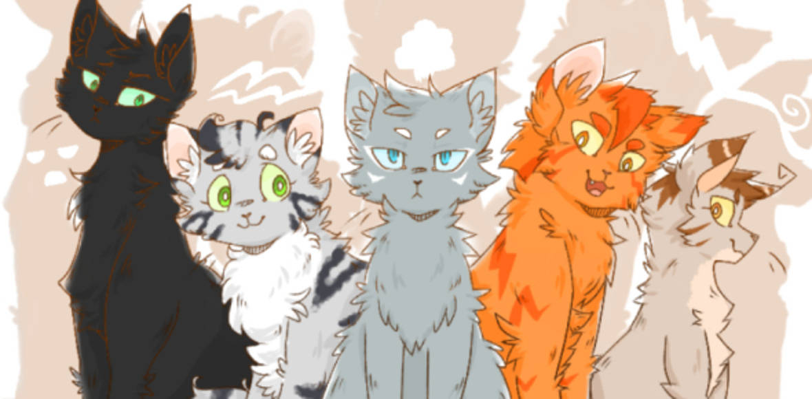 Warrior Cats, five stylized cartoon cats, varied fur colors, SD Desktop Wallpaper