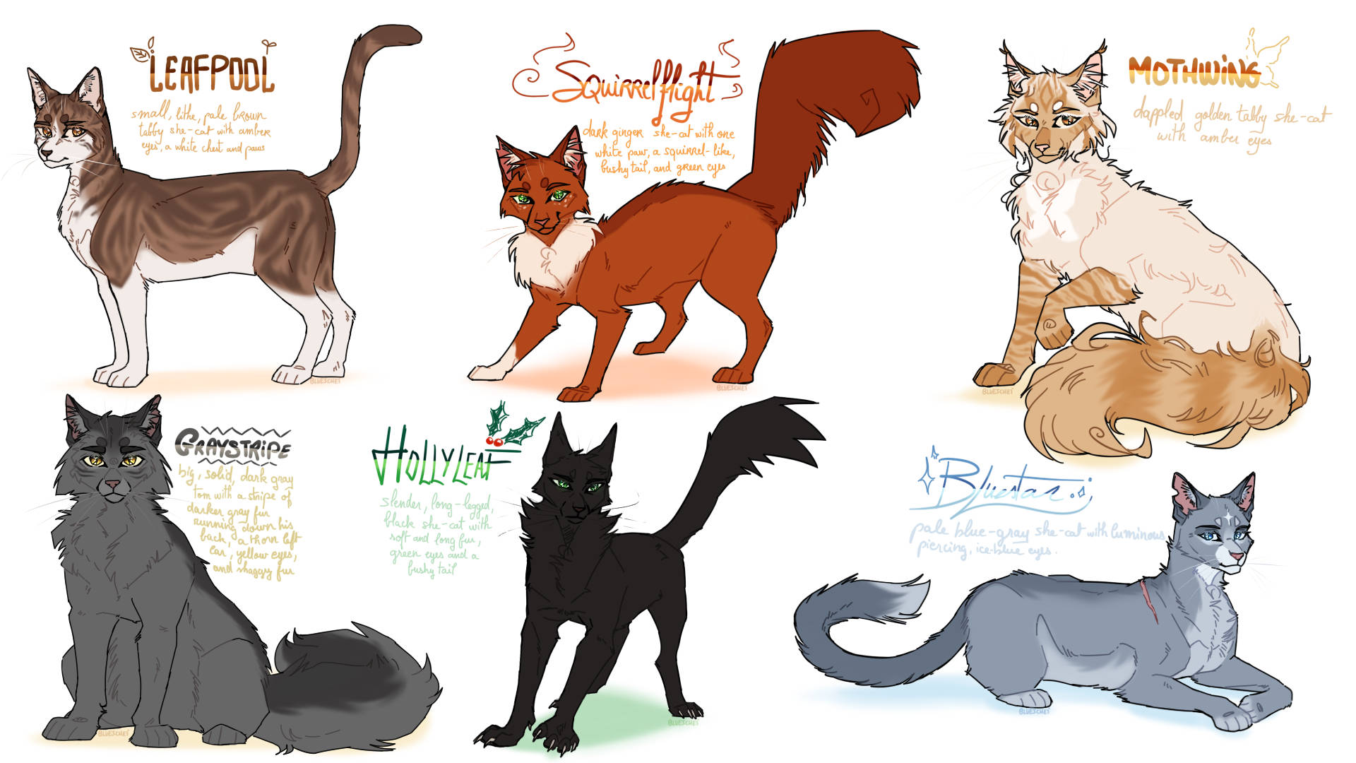 Warrior Cats, six illustrated cat characters, unique fur patterns, Full HD Desktop Wallpaper