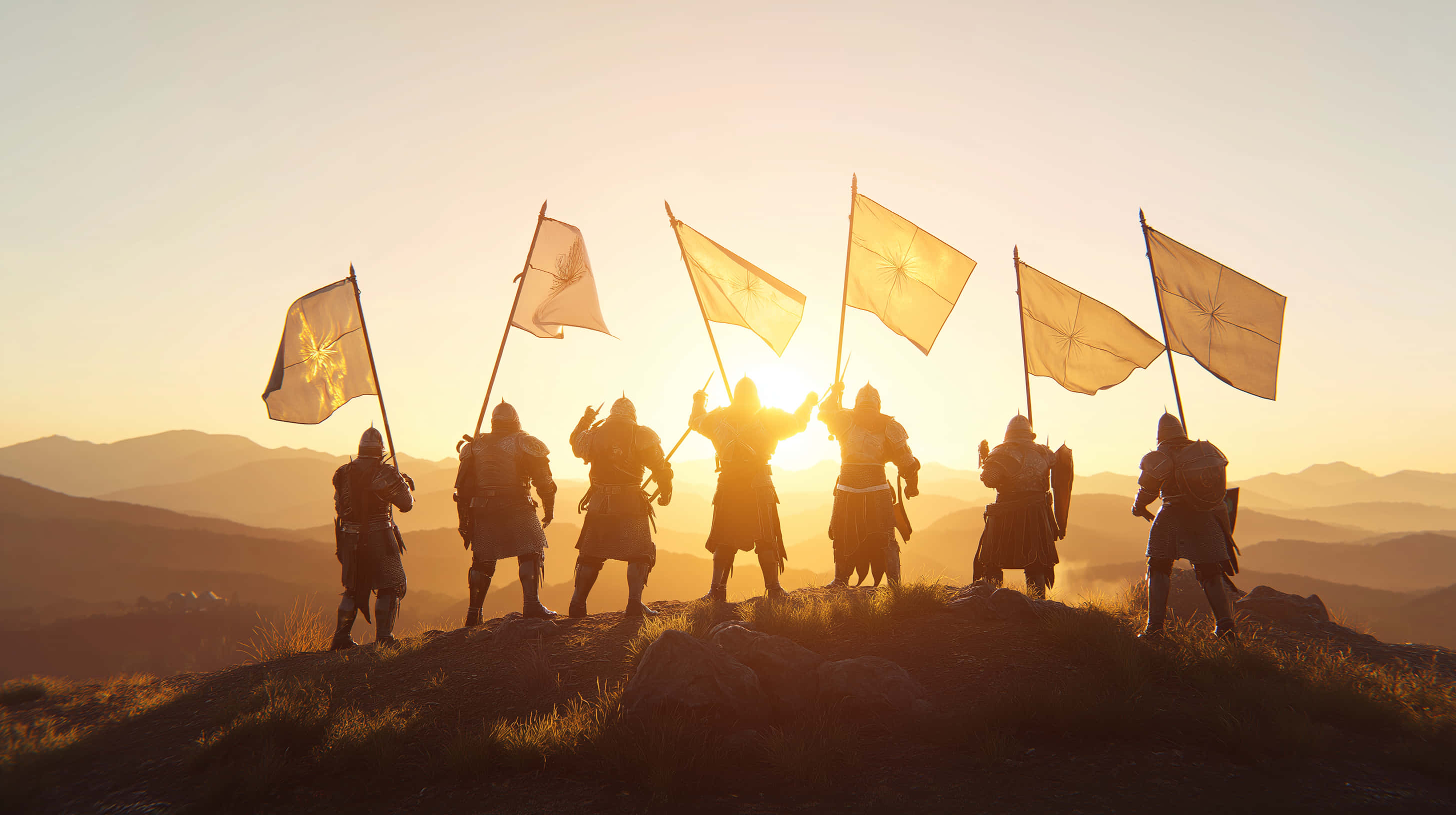 warriors, flags, mountain summit, 2K Desktop Wallpaper