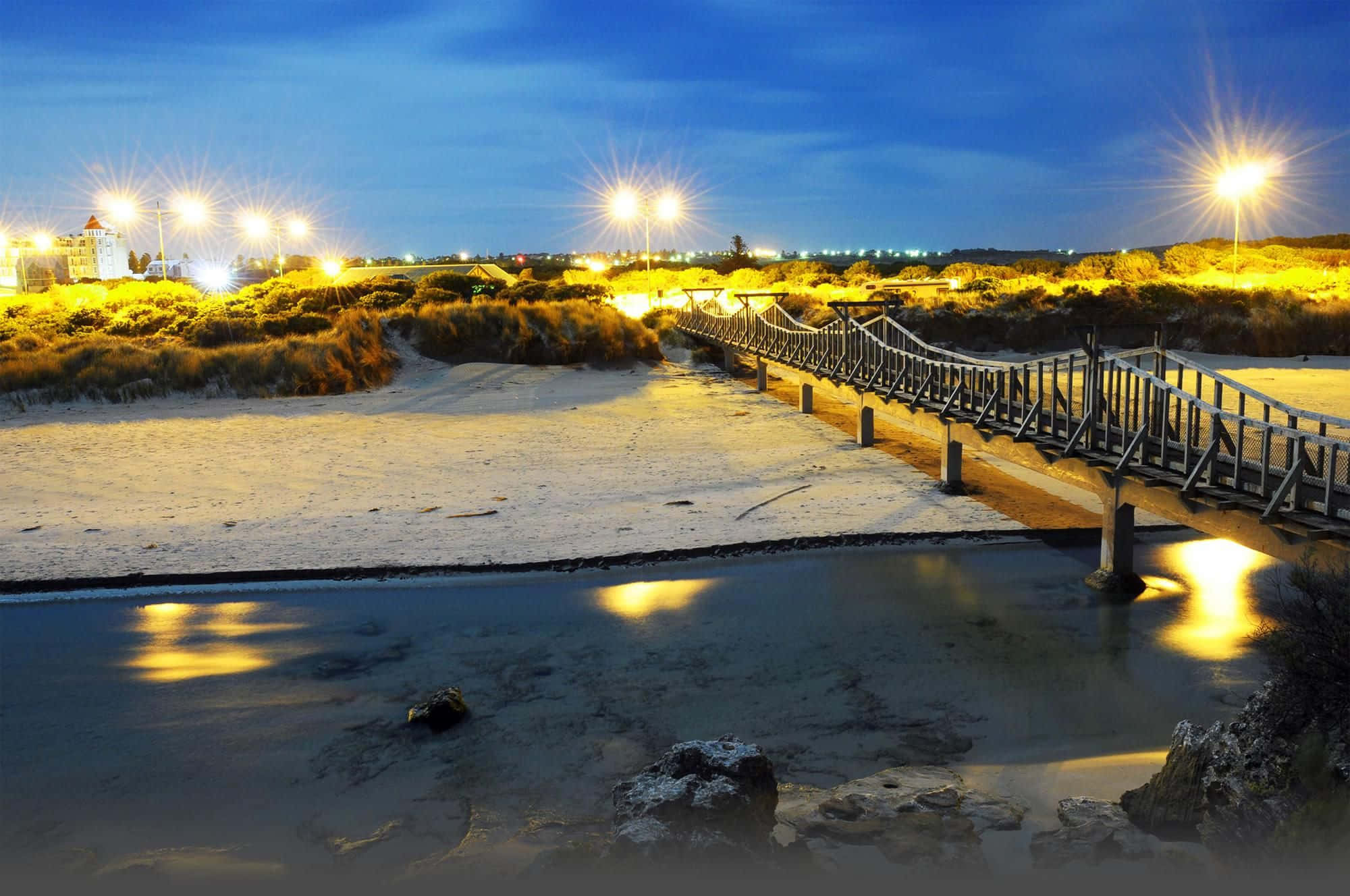 Warrnambool, wooden boardwalk, bright streetlights, Full HD Desktop Wallpaper