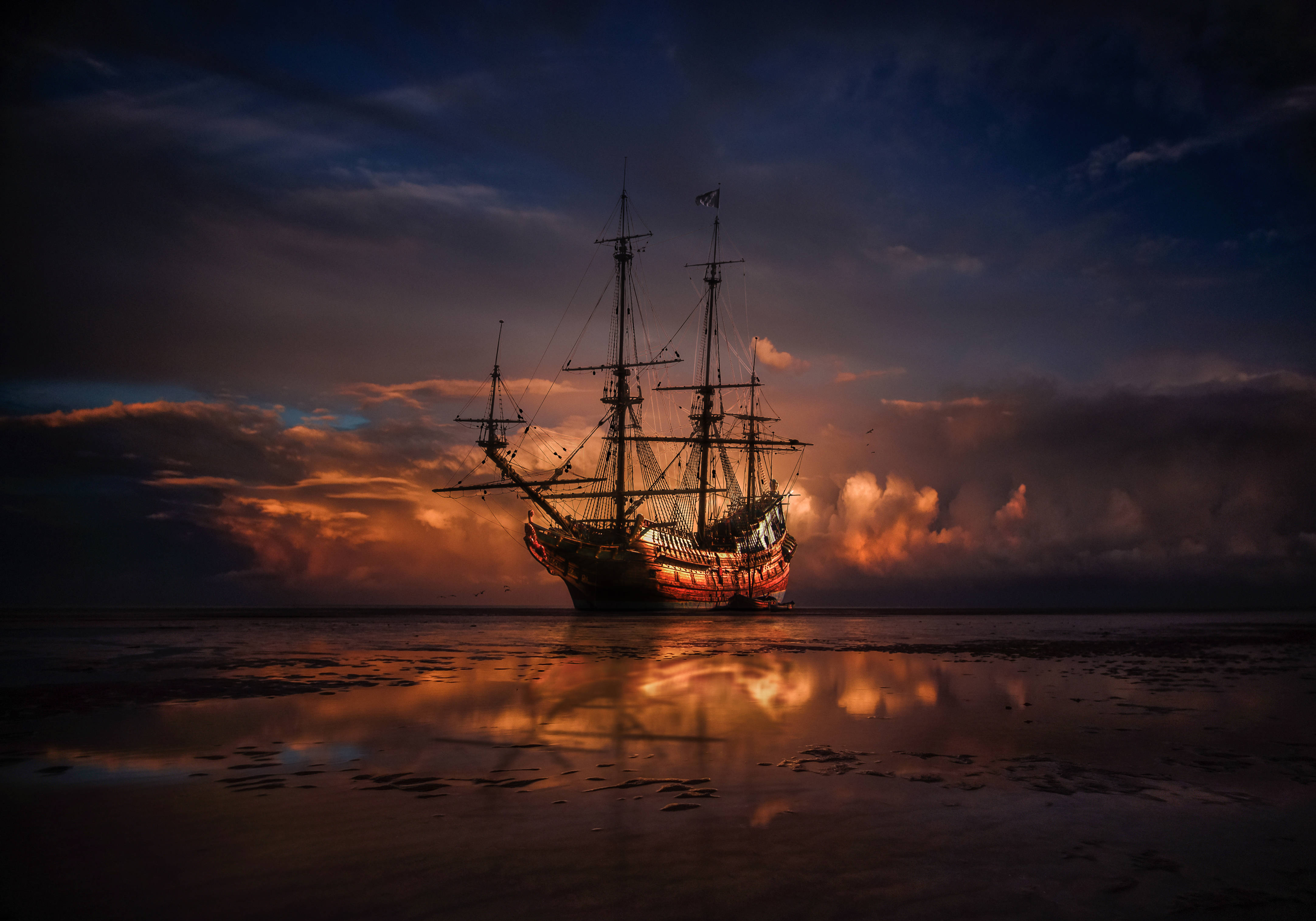 Warship, sailing on the sea, sunset, 4K Desktop Wallpaper