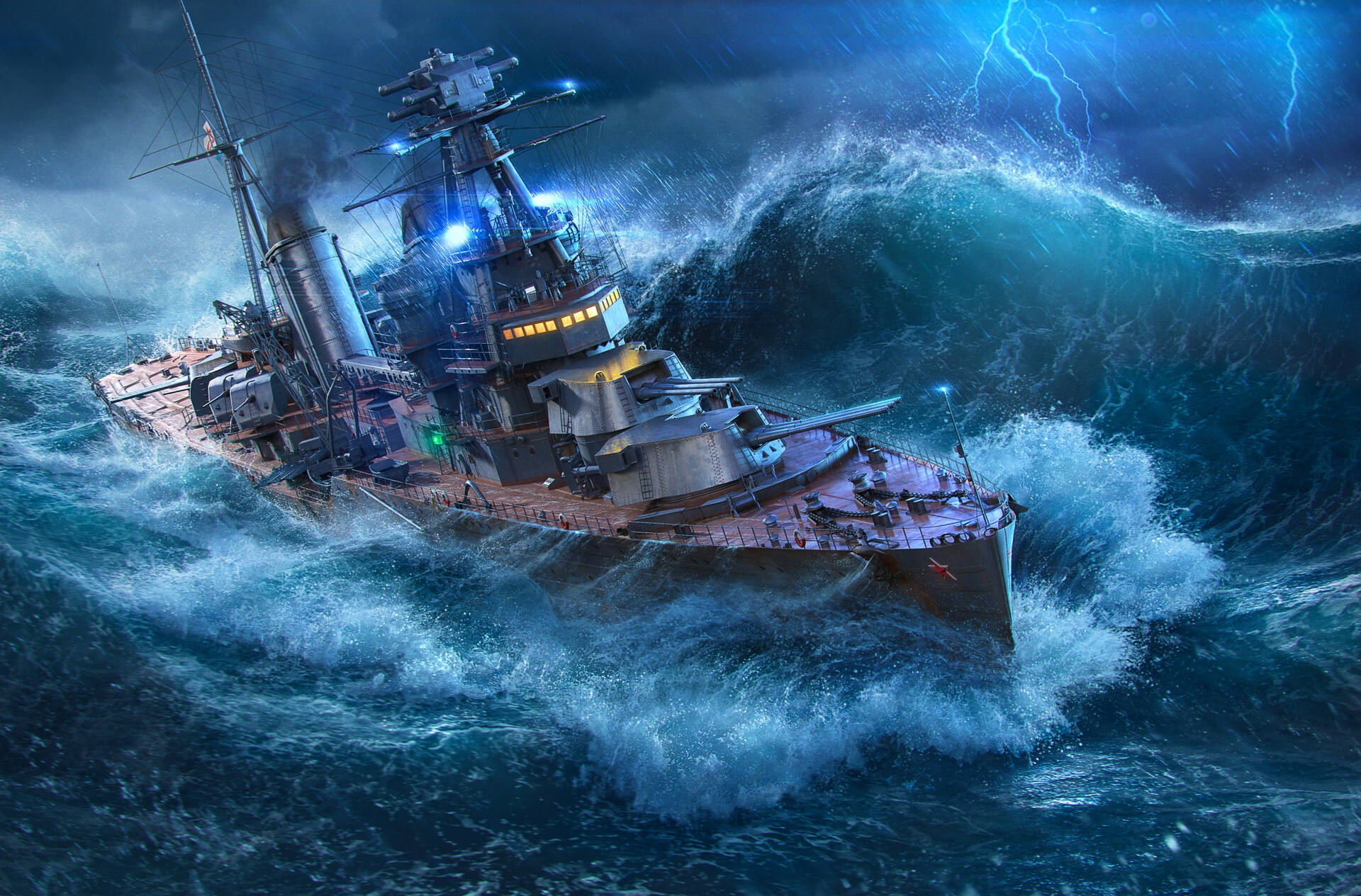 Warship, storm, towering waves, Full HD Desktop Wallpaper
