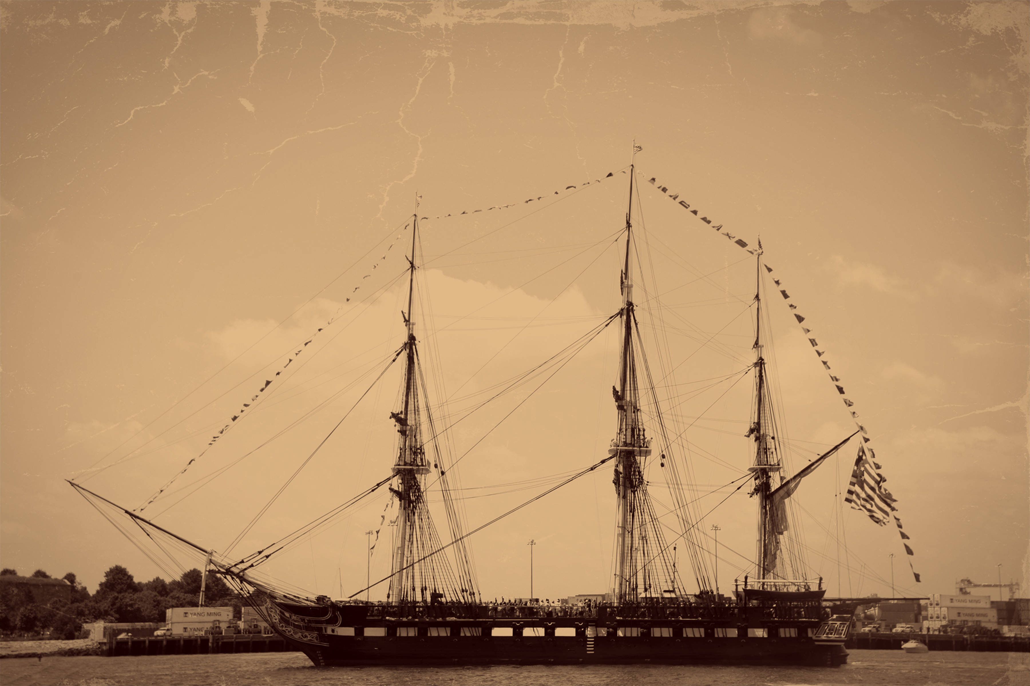 Warship, vintage, sepia photograph, 2K Desktop Wallpaper
