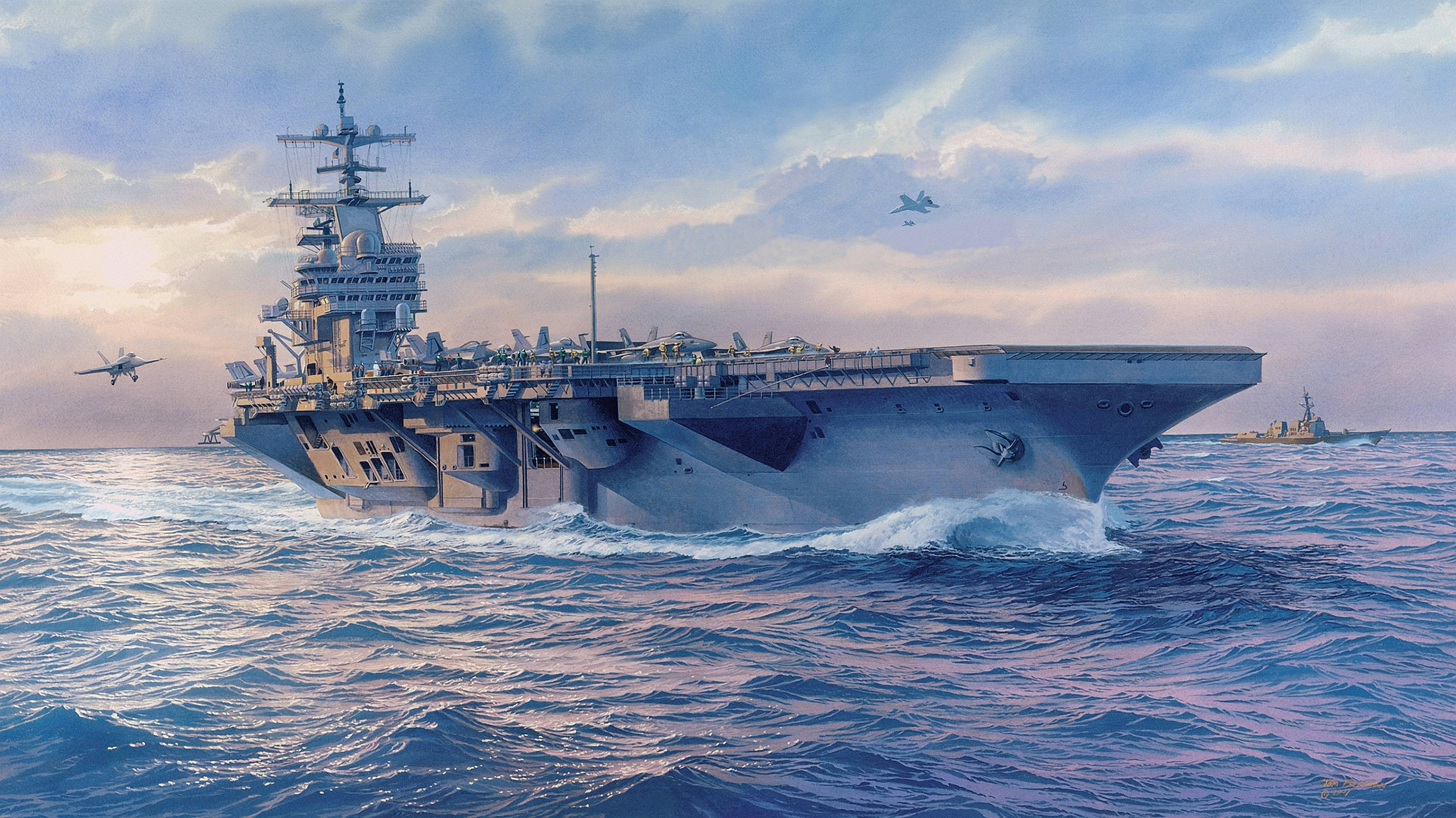 Warship, gray aircraft carrier, deep blue ocean waves, 2K Desktop Wallpaper