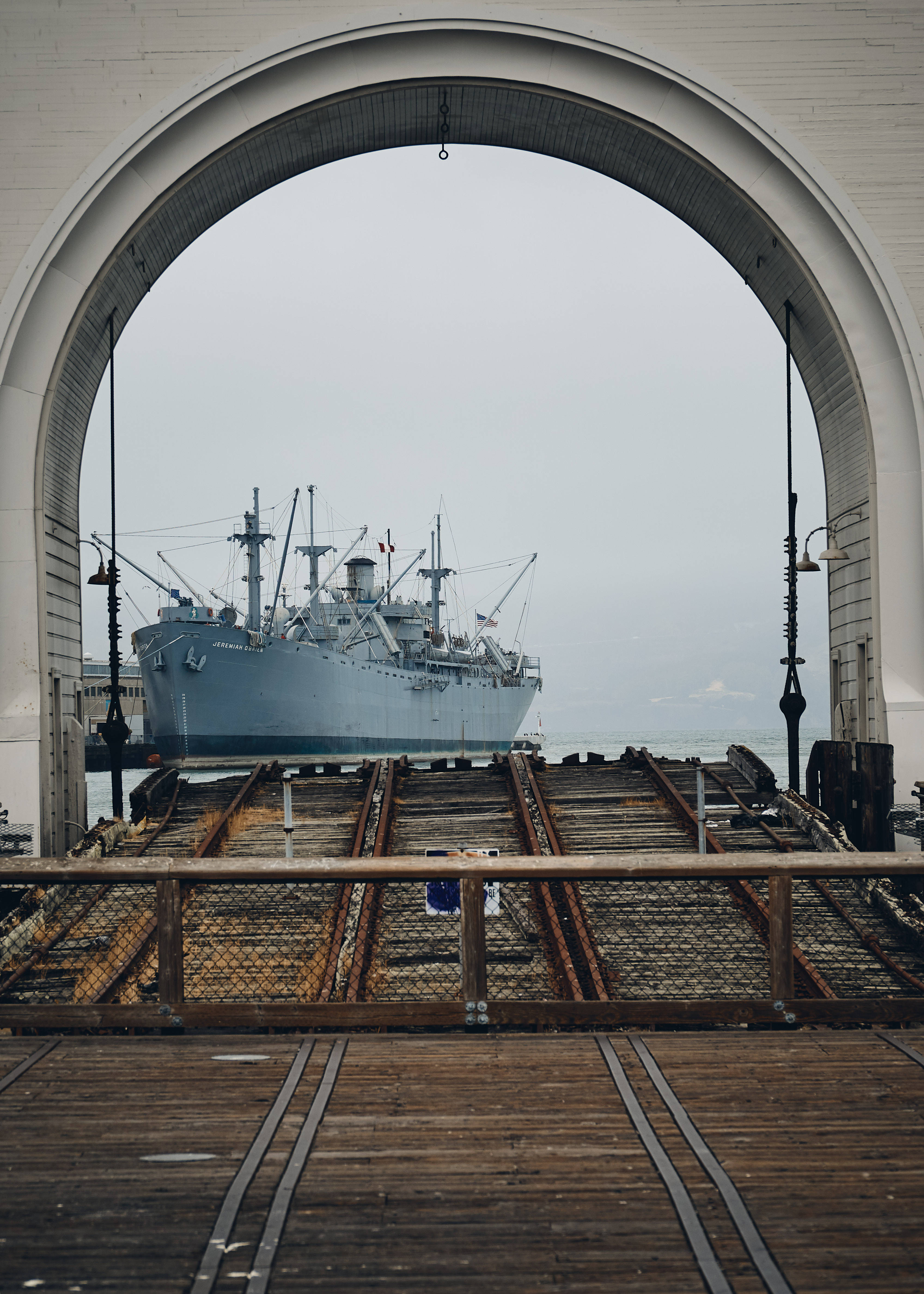 Warship, weathered wooden ramp, white arched structure, 4K Phone Wallpaper