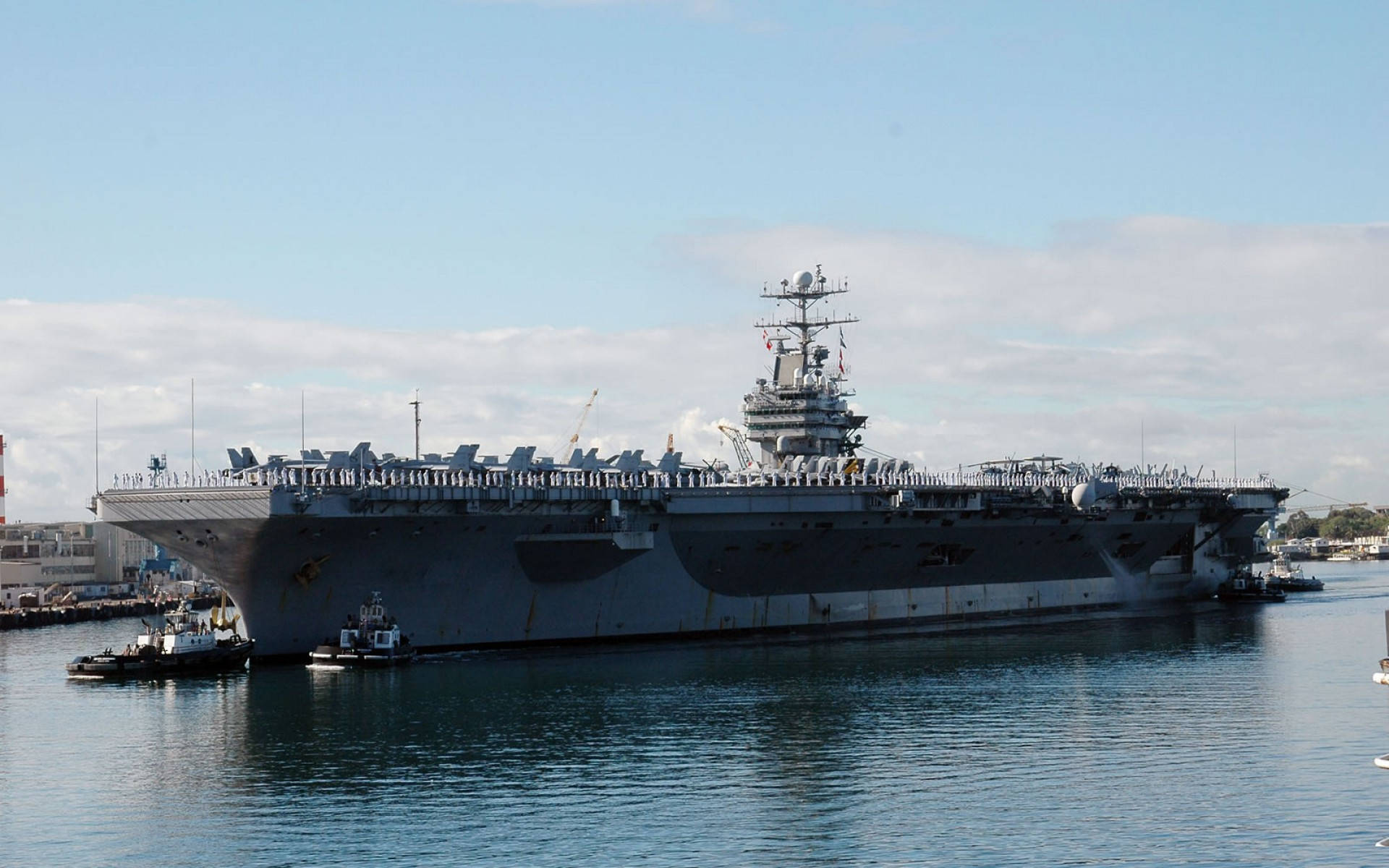 Warship, gray aircraft carrier, tugboats, Full HD Desktop Wallpaper