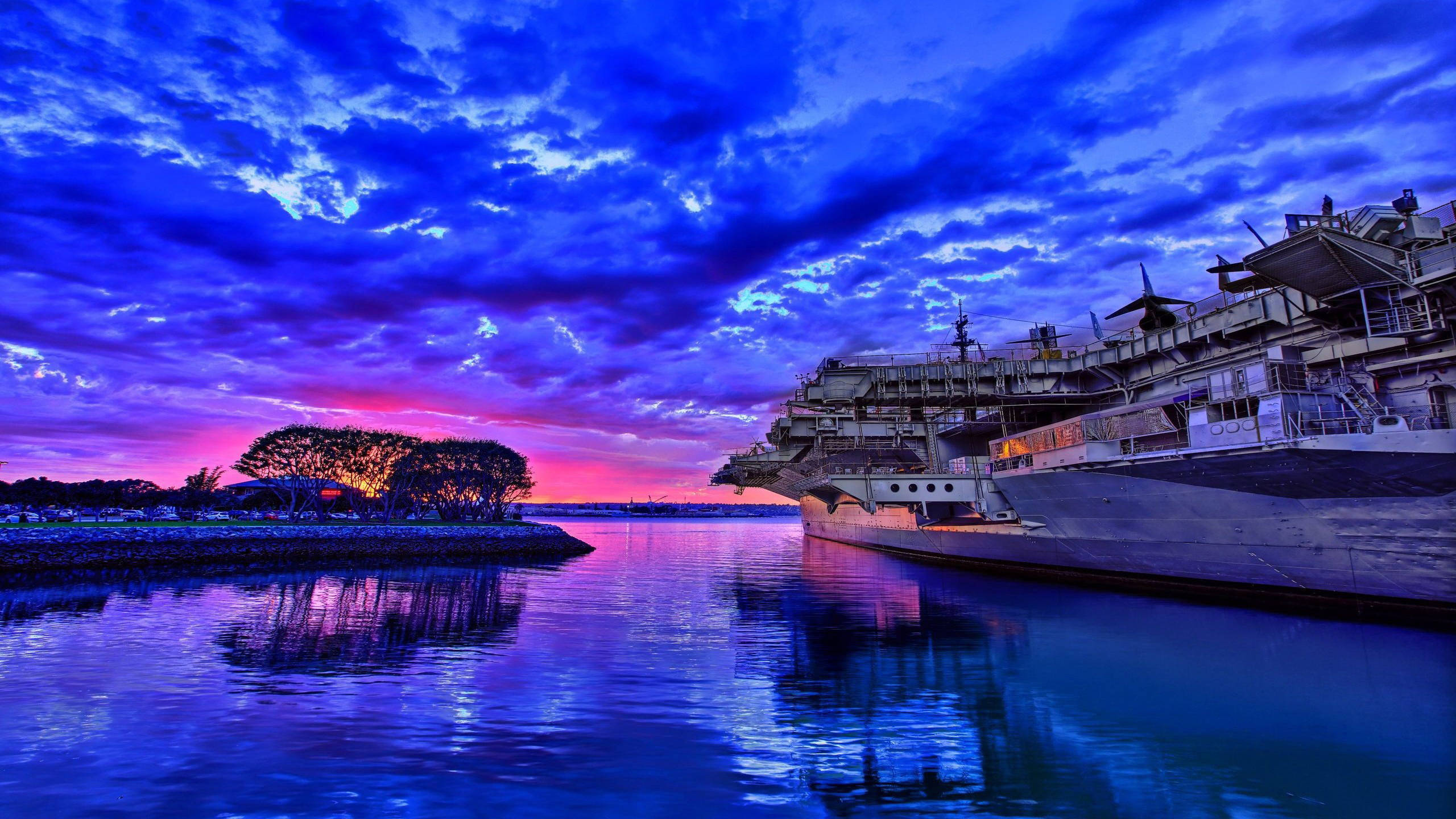 Warship, blue clouds, twilight sky, 2K Desktop Wallpaper