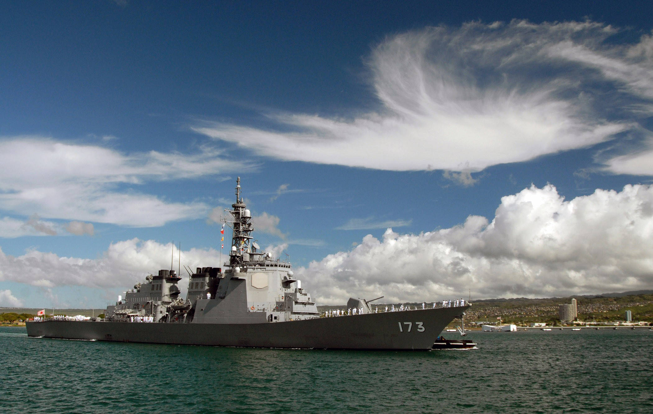 Warship, hull number 173, turquoise water, Full HD Desktop Wallpaper