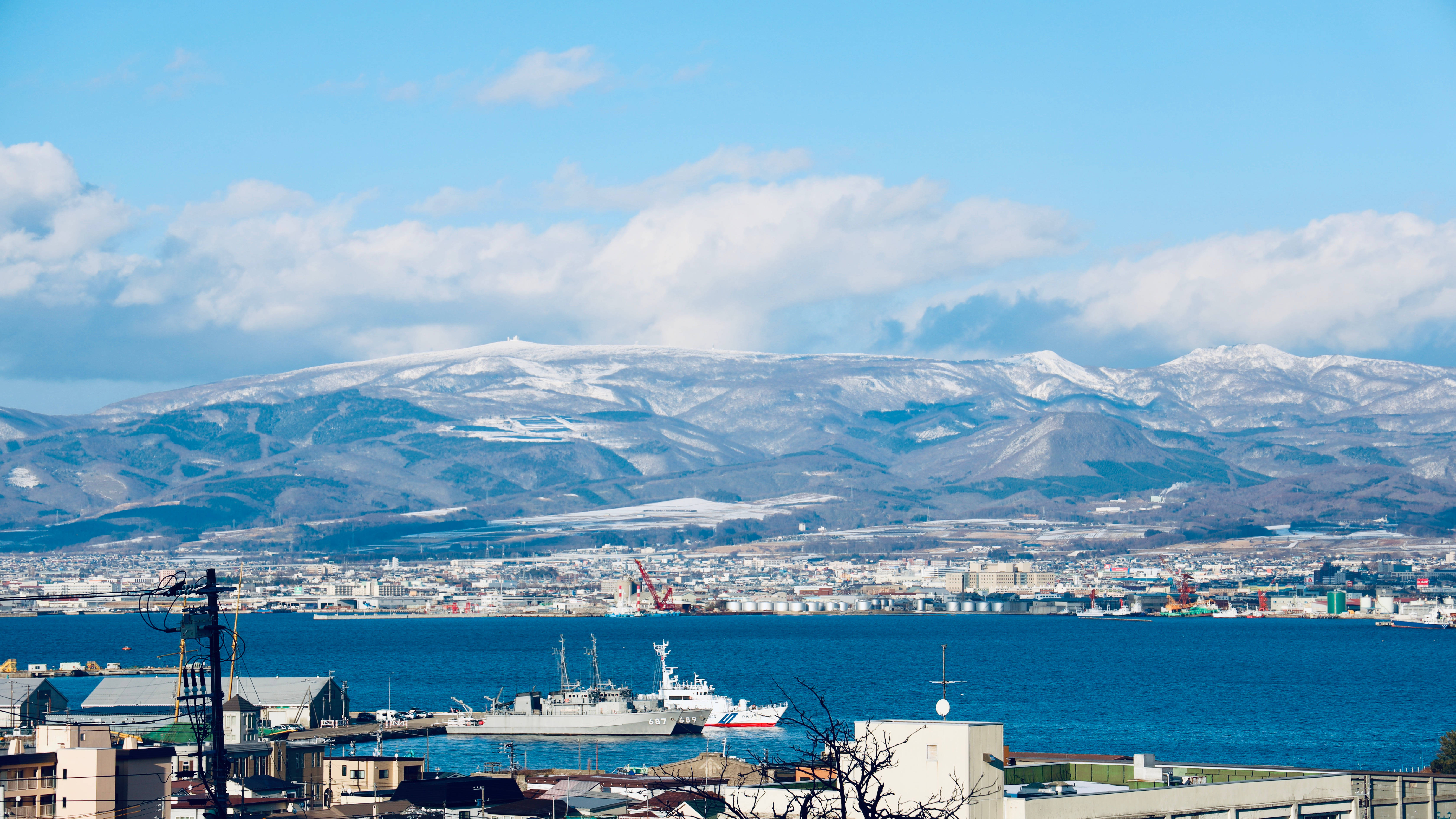 Warship, picturesque landscape, snow capped mountains, 5K Desktop Wallpaper