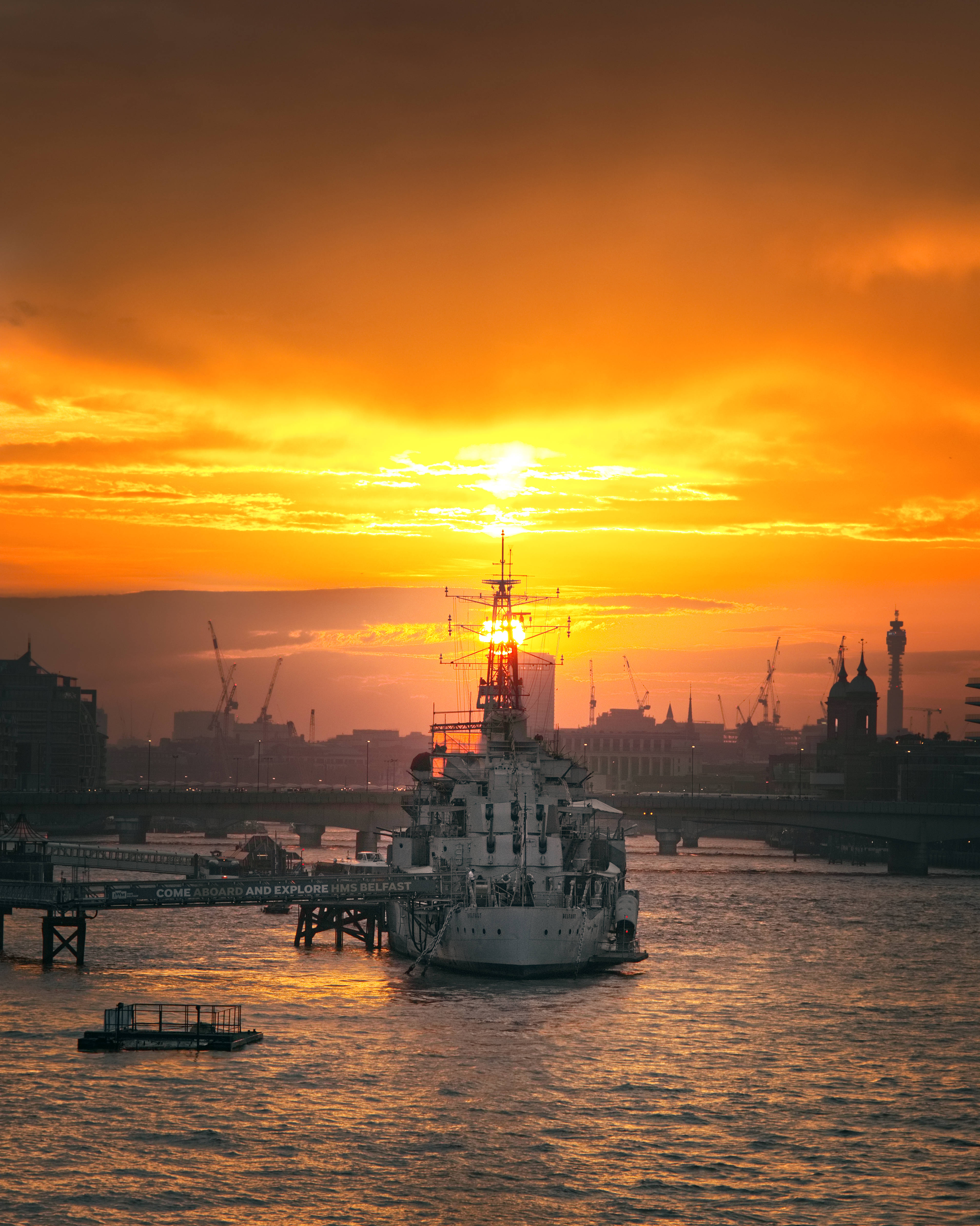 Warship, orange sunset, city waterfront, 4K Phone Wallpaper
