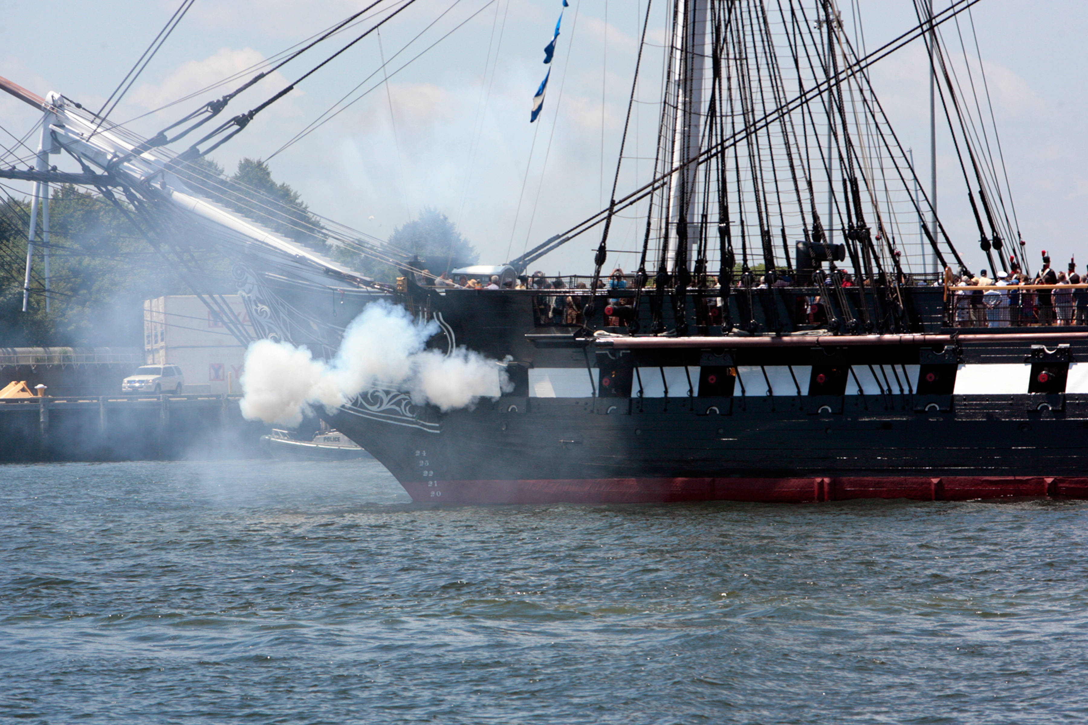 Warship, black pirate ship, cannon blast, 2K Desktop Wallpaper