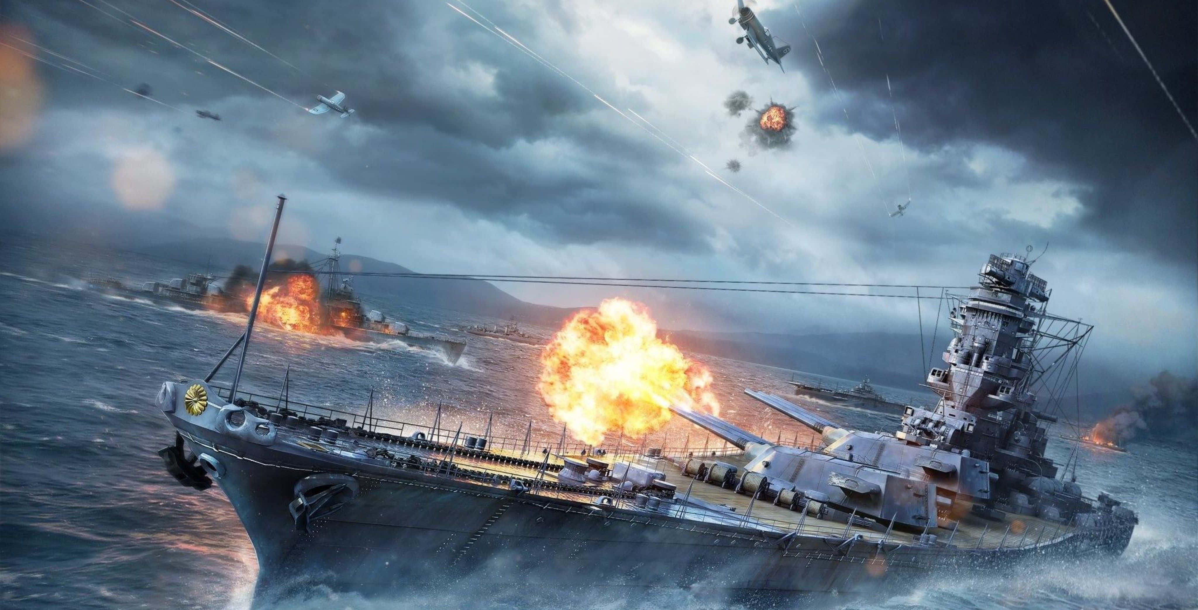 warship, stormy seas, explosions, 4K Desktop Wallpaper