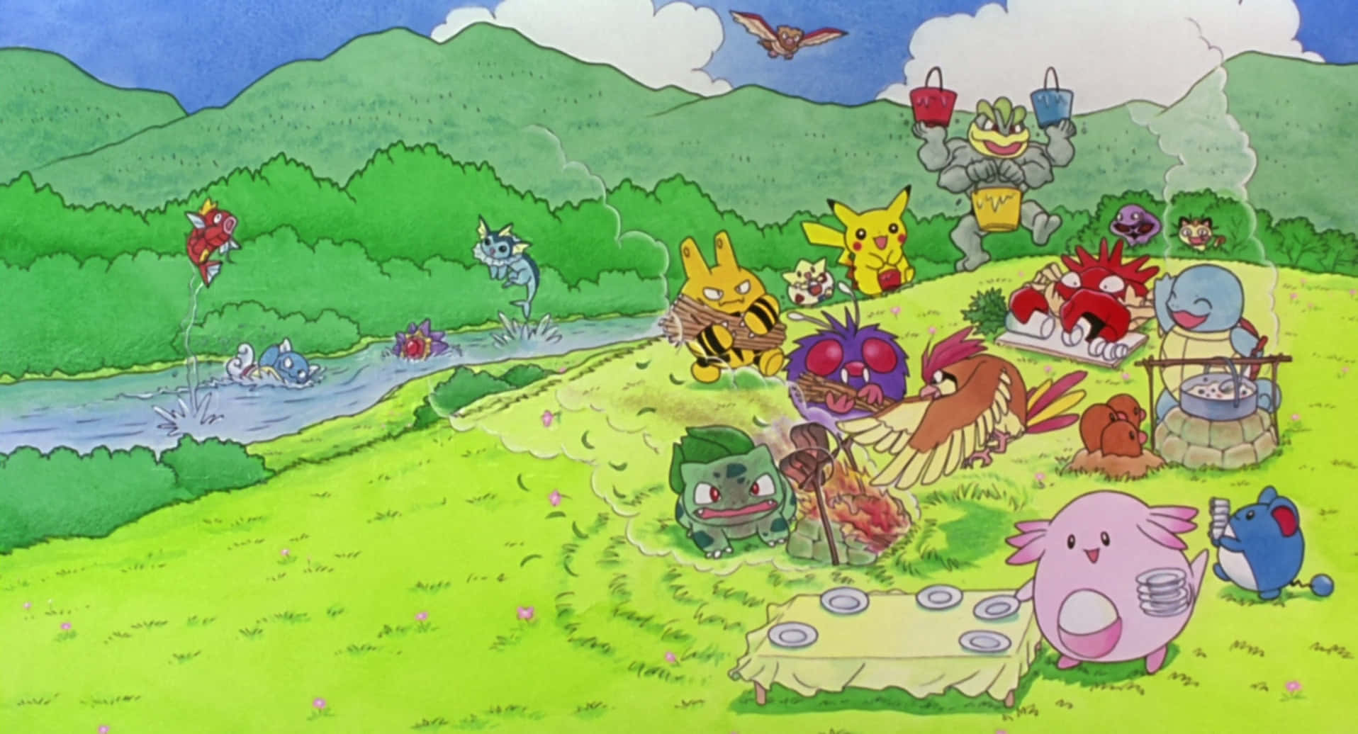 Wartortle, river, vibrant green meadow, HD Desktop Wallpaper