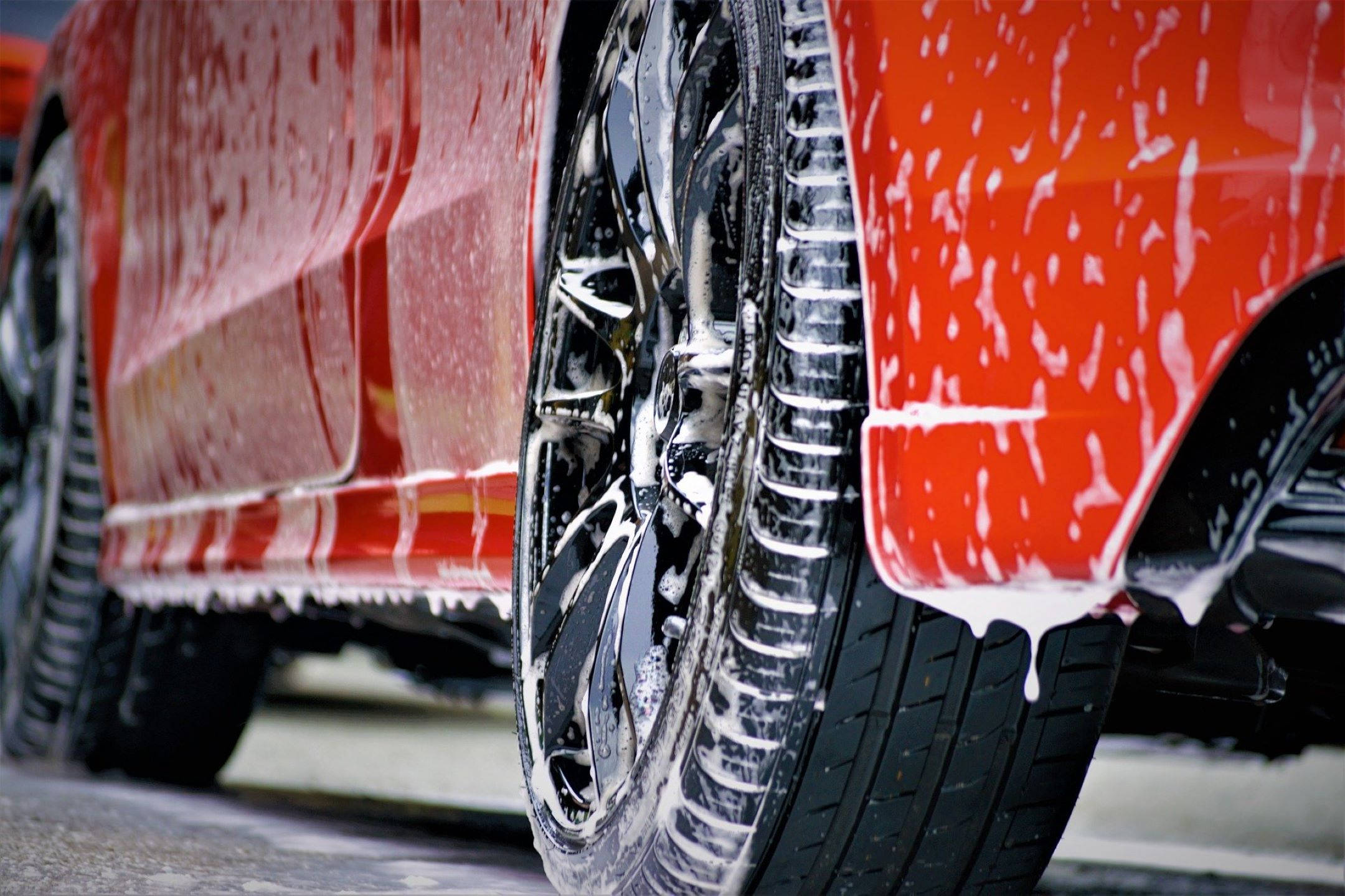 vibrant red car, soapy water, white foam, Full HD Desktop Wallpaper