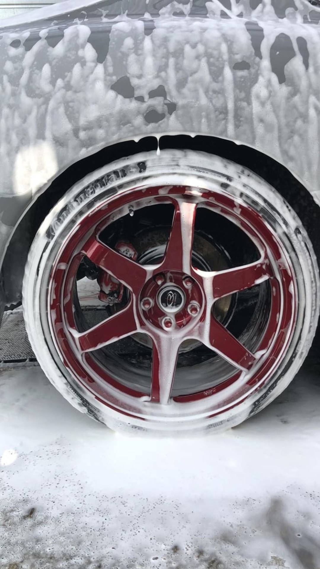 maroon alloy mags, red and silver alloy wheel, white soap suds, Full HD Phone Wallpaper