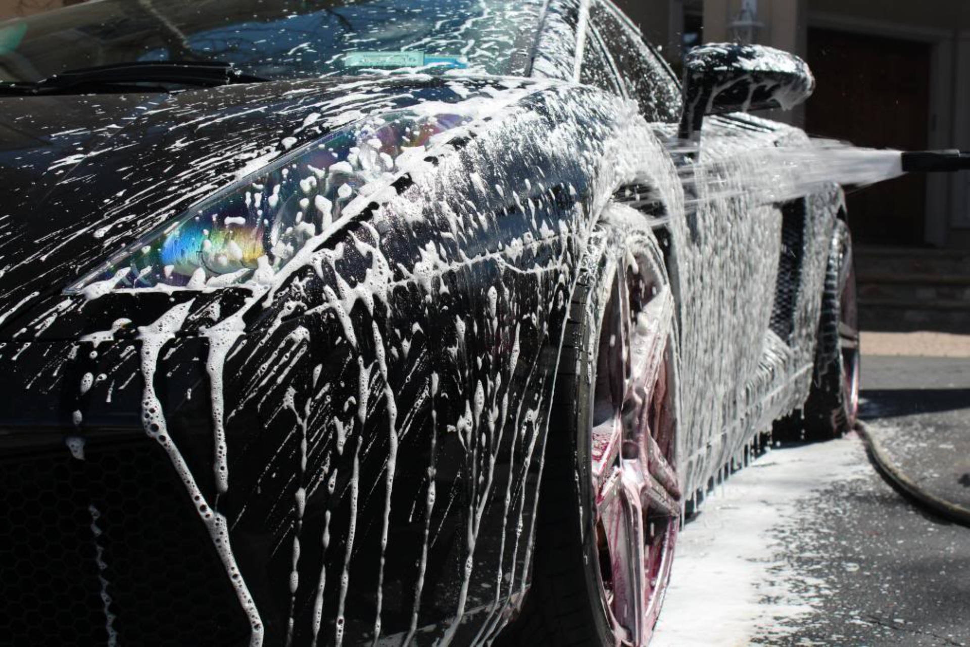 black sports car, thick white soap suds, power washed, Full HD Desktop Wallpaper
