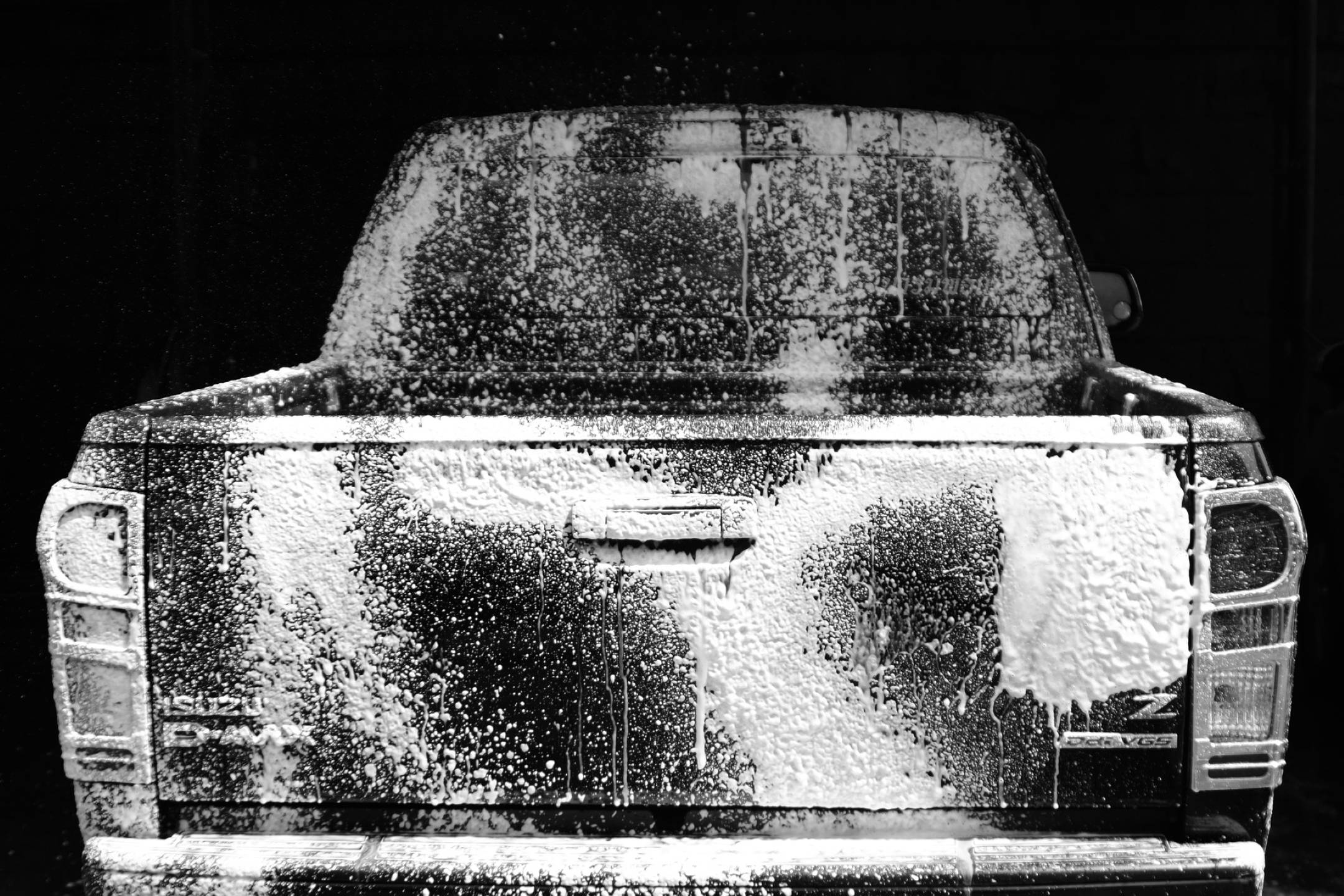 pickup truck, black and white photo, thick soapy foam, Full HD Desktop Wallpaper