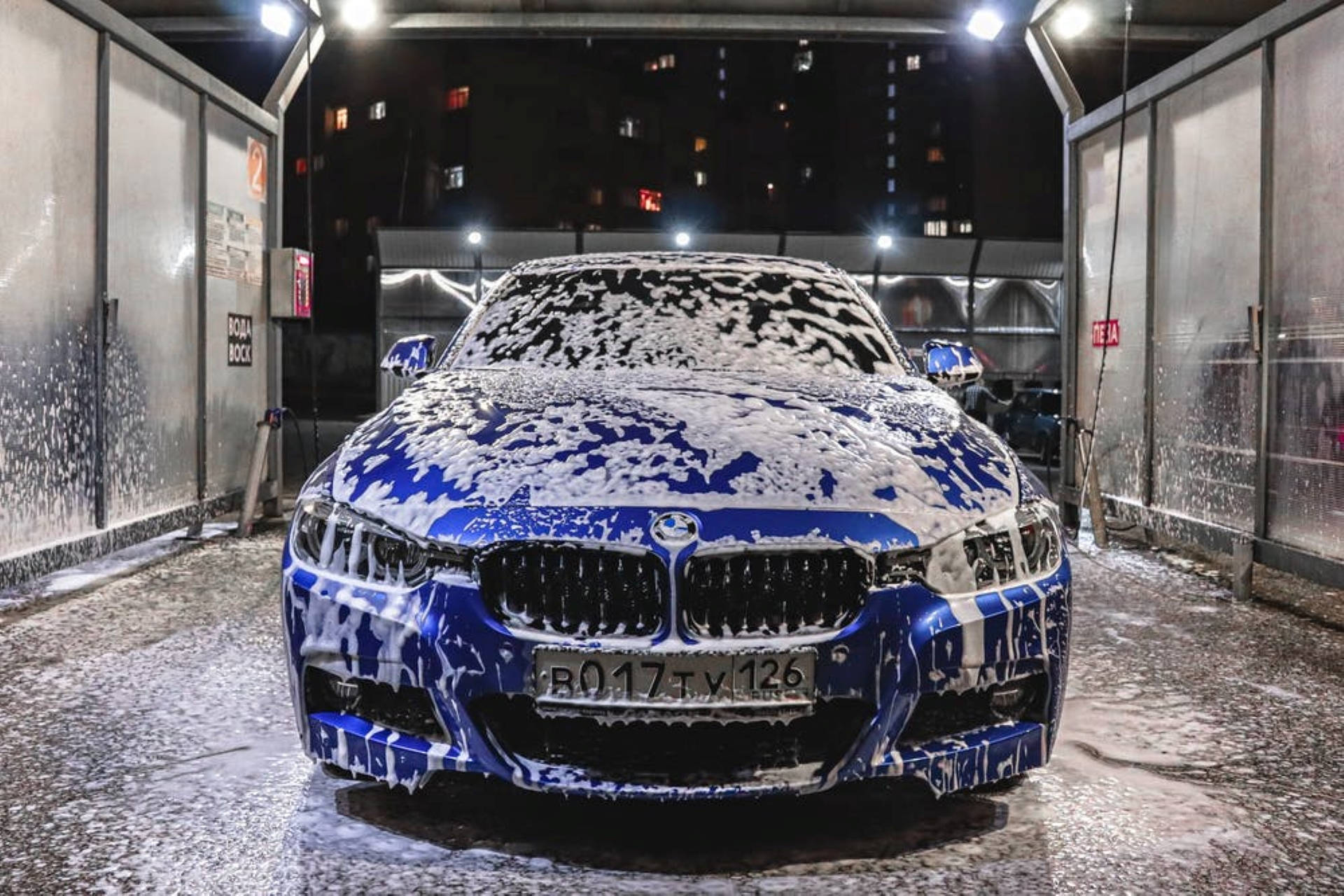 blue BMW sports car, thick white foam, bright lights, Full HD Desktop Wallpaper