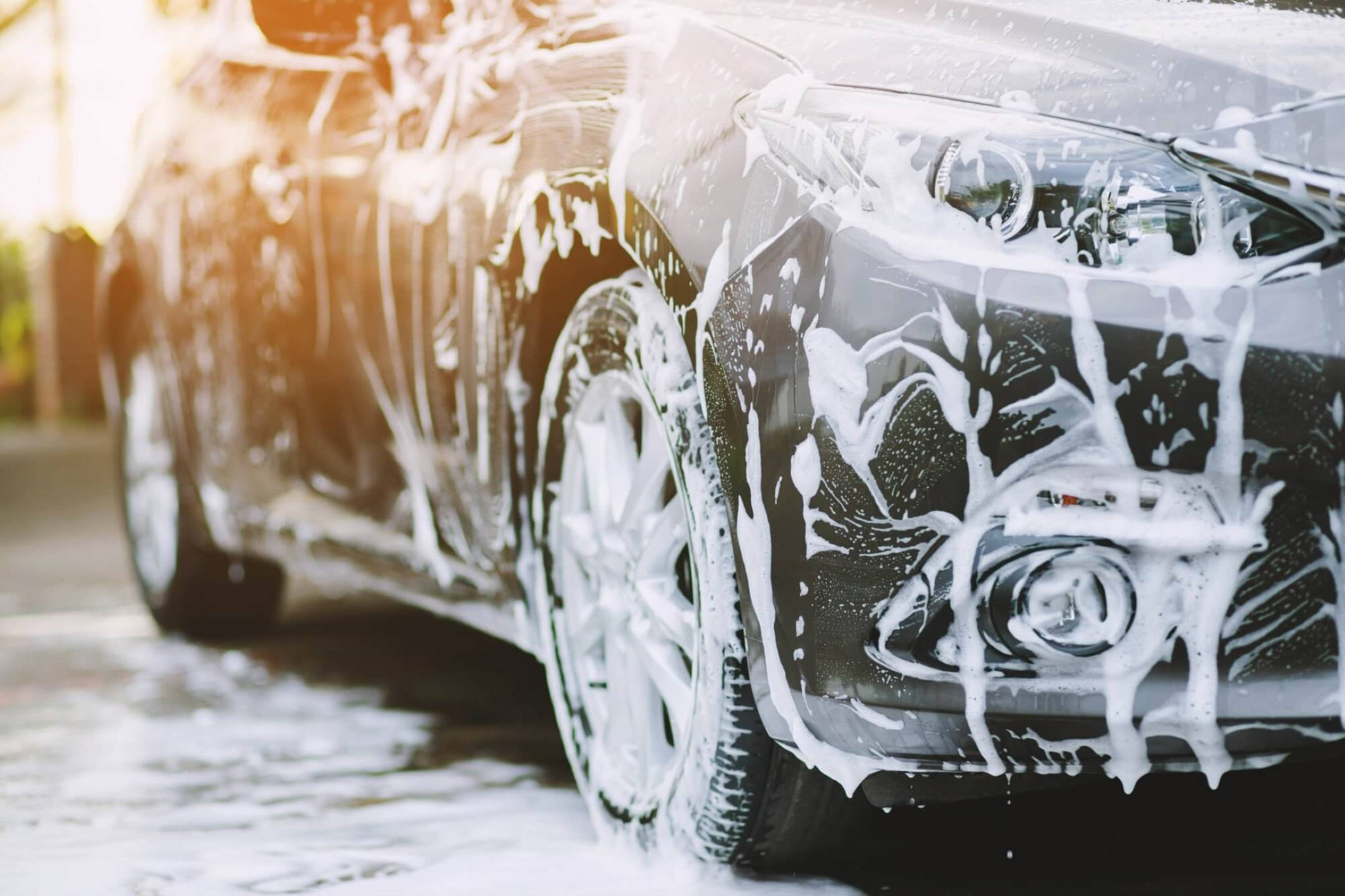 black sedan, car wash, warm sunlight, Full HD Desktop Wallpaper