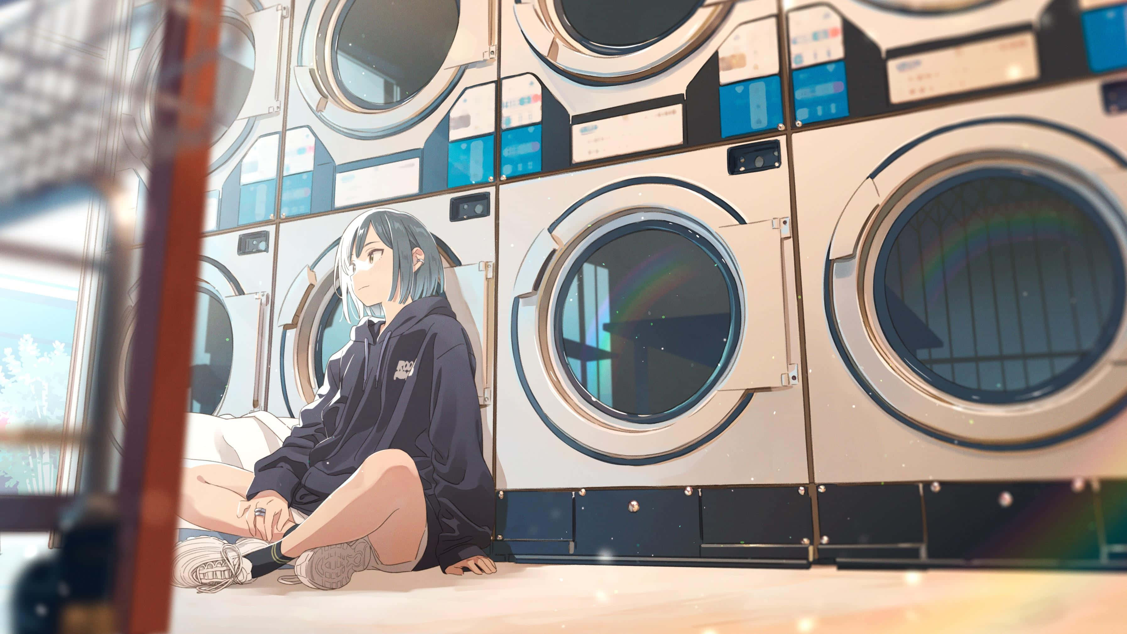 silver-haired anime girl, laundromat, washing machines, 2K Desktop Wallpaper