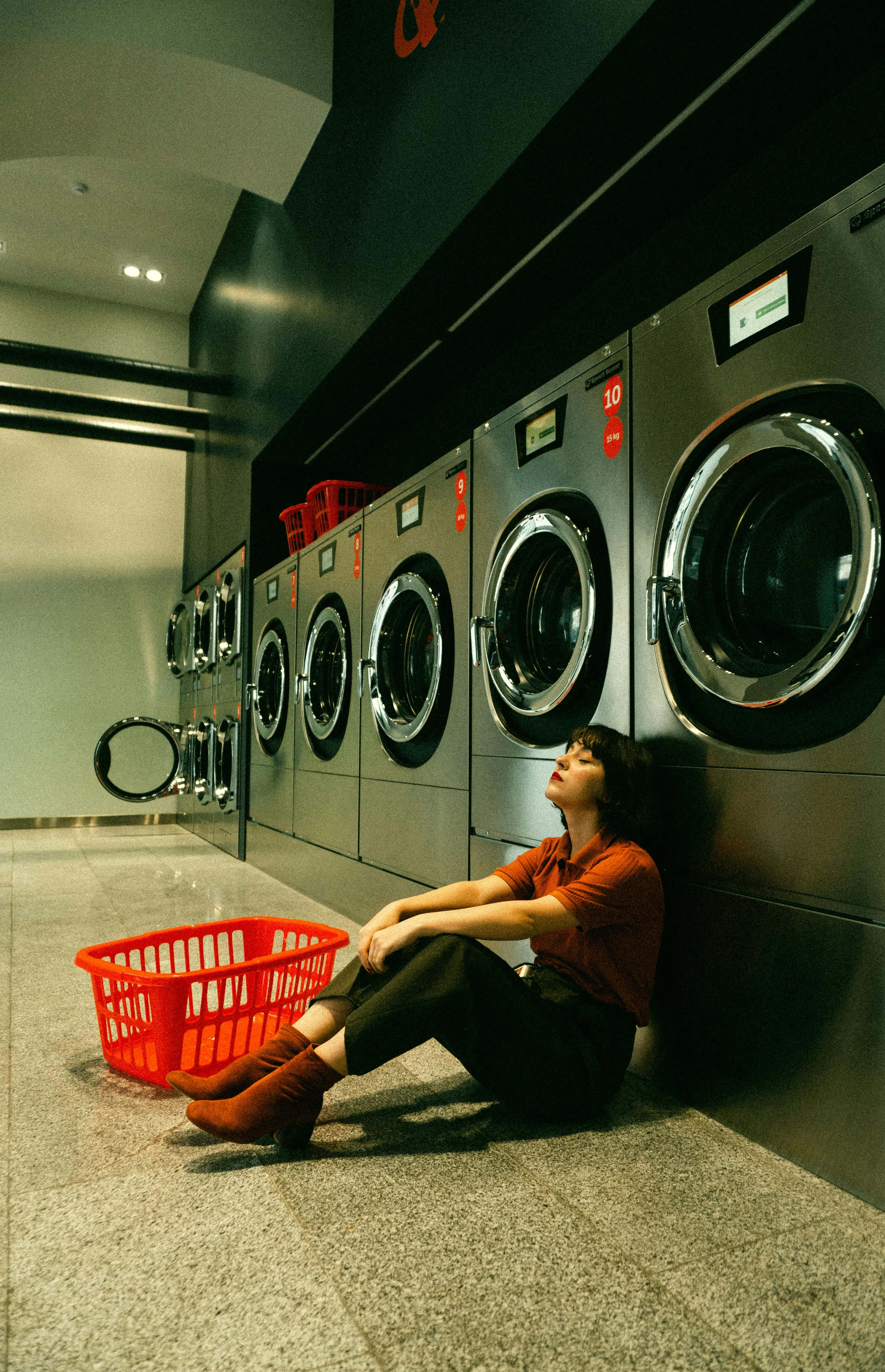 laundromat, red basket, industrial washing machines, 5K Phone Wallpaper