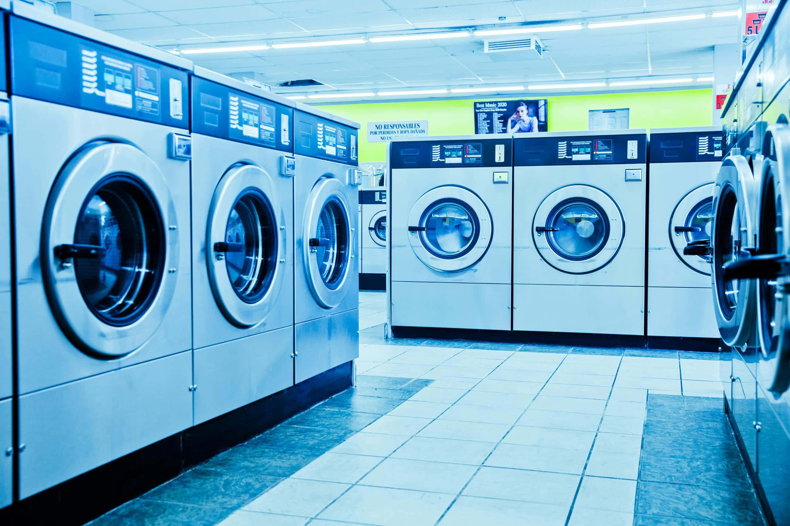 laundromat, industrial washing machines, blue tiled floors, 2K Desktop Wallpaper