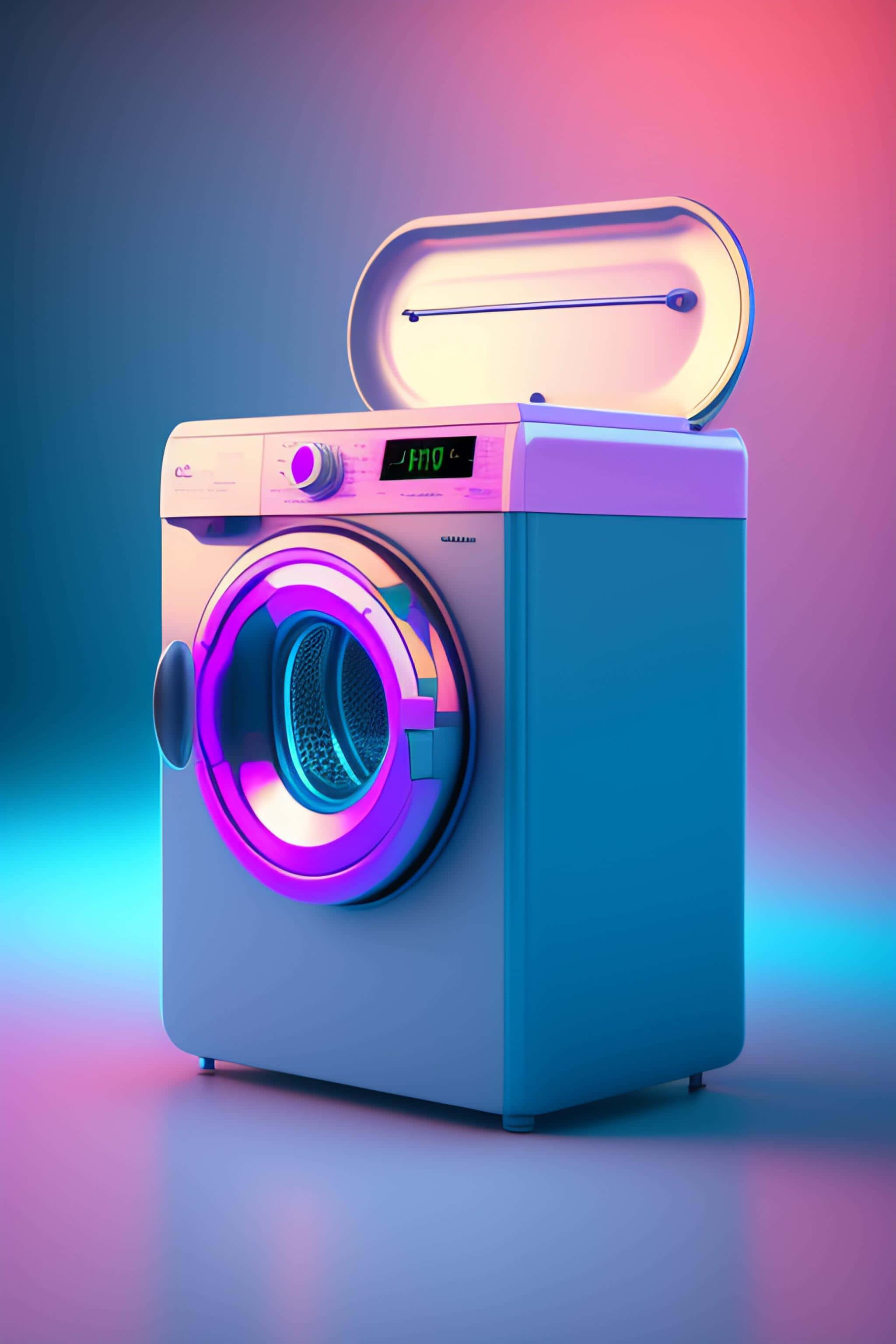 futuristic washing machine design, glowing purple, glowing blue, 2K Phone Wallpaper