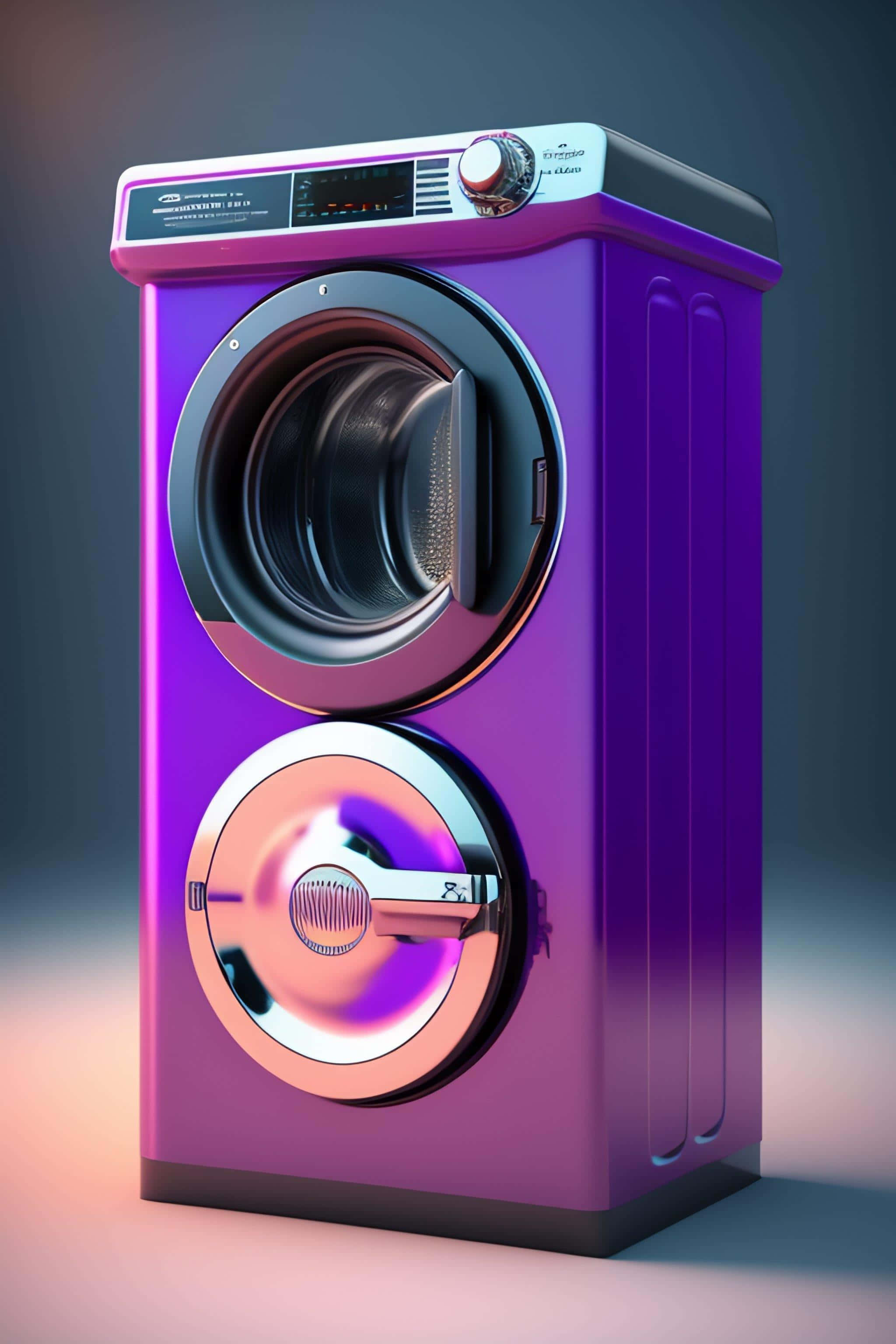 futuristic purple washing machine, stacked washer dryer, glowing chrome accents, 2K Phone Wallpaper