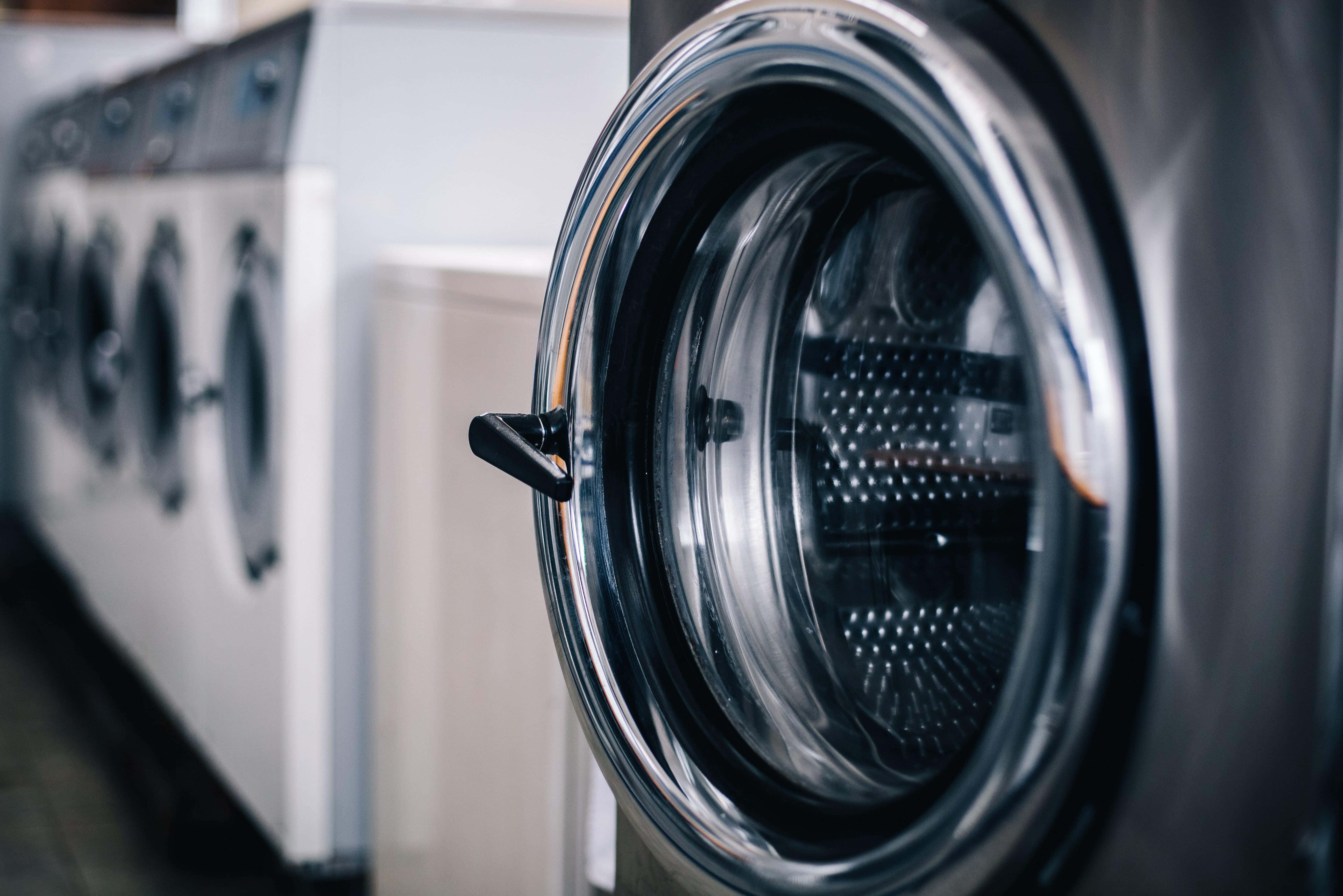 front loading washing machine, chrome accents, glass door, 5K Desktop Wallpaper