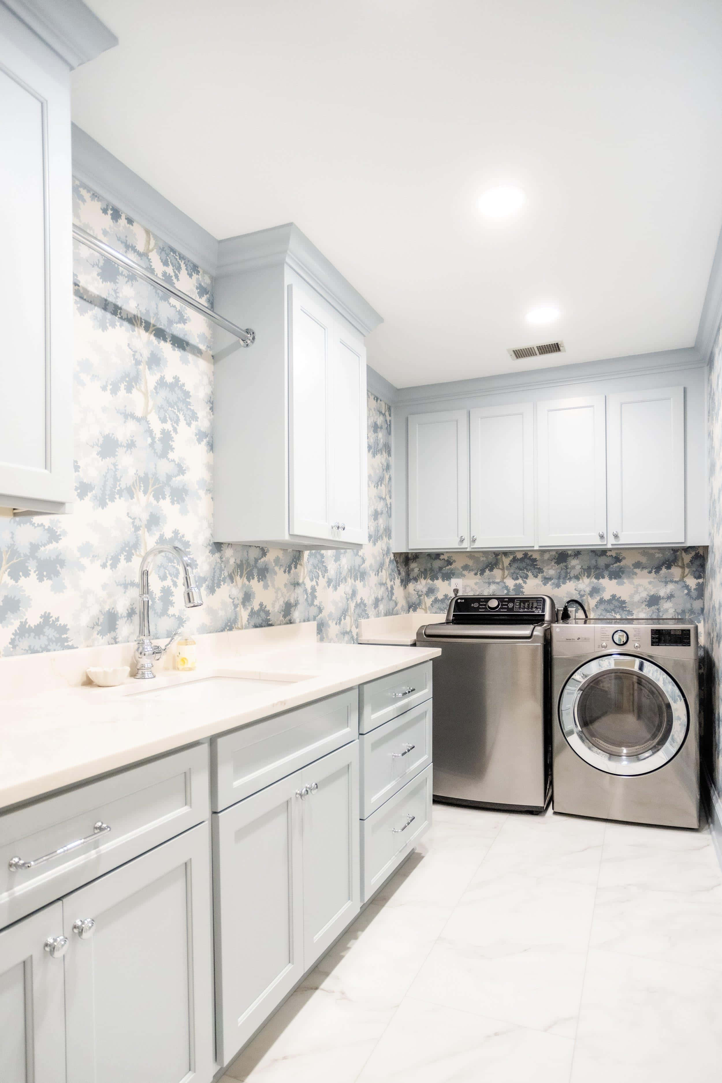 modern kitchen, washing machine, white cabinets, 2K Phone Wallpaper