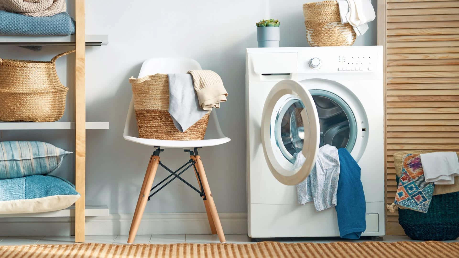 white front-loading washer, wooden shelf, blue textiles, Full HD Desktop Wallpaper