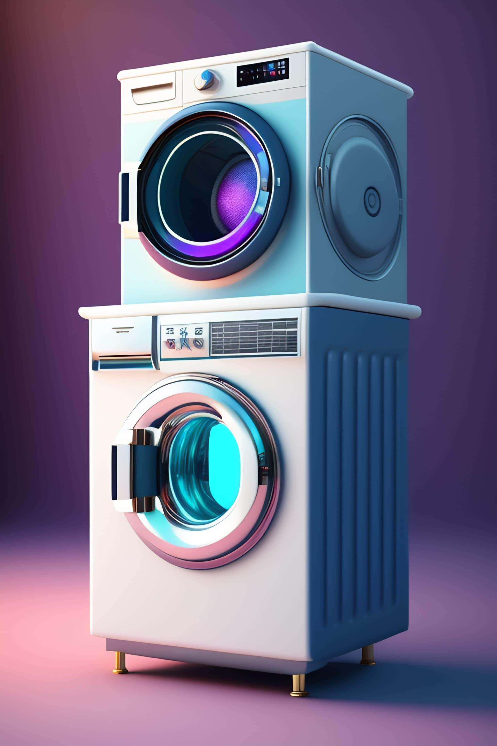 stacked washing machine and dryer set, glowing neon interiors, gradient purple background, 2K Phone Wallpaper