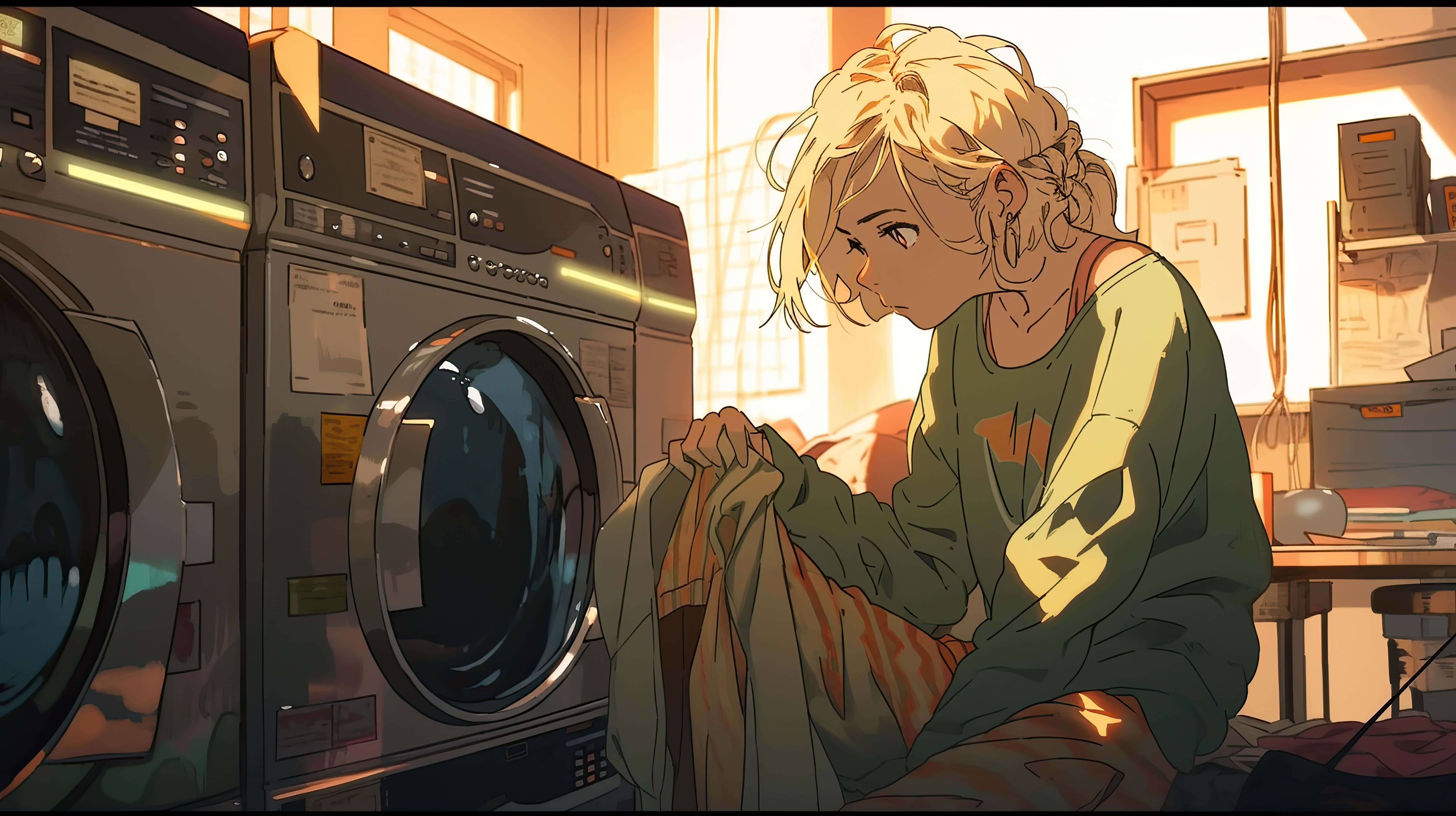 blonde anime girl, green hoodie, washing machine, 8K Desktop Wallpaper