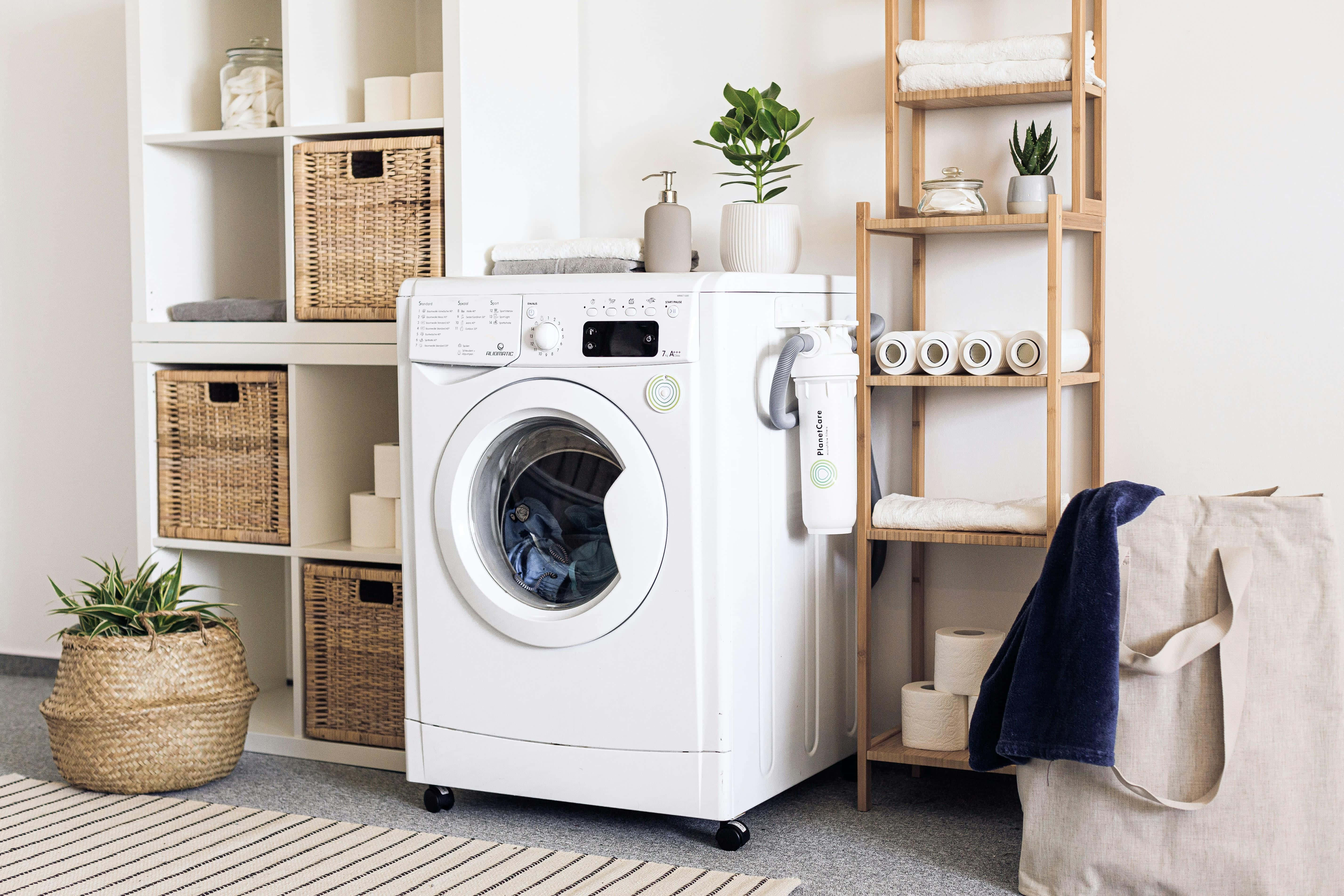 white washing machine, bright minimalist laundry room, woven baskets, 5K Desktop Wallpaper