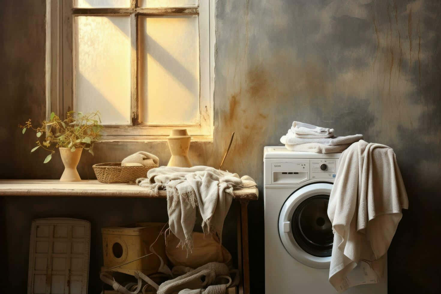 rustic laundry room, vintage washing machine, warm sunlight, HD Desktop Wallpaper