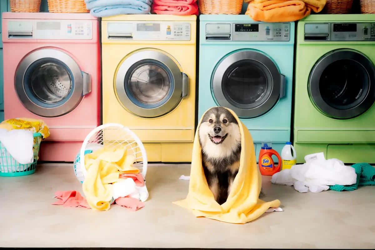 colorful laundromat dog, yellow towel, four colorful washing machines, SD Desktop Wallpaper