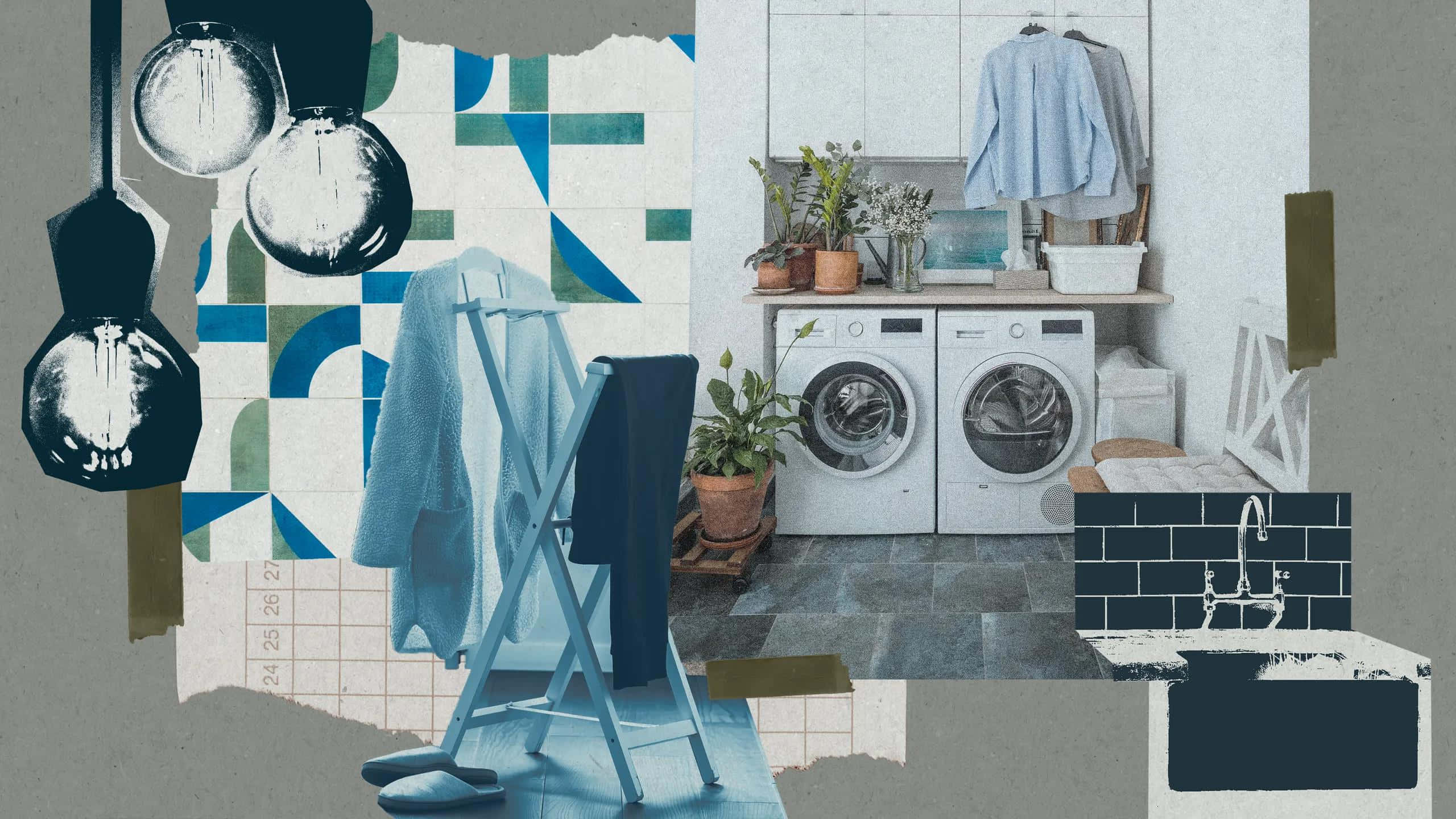modern laundry room, geometric blue tiles, hanging clothes, 2K Desktop Wallpaper