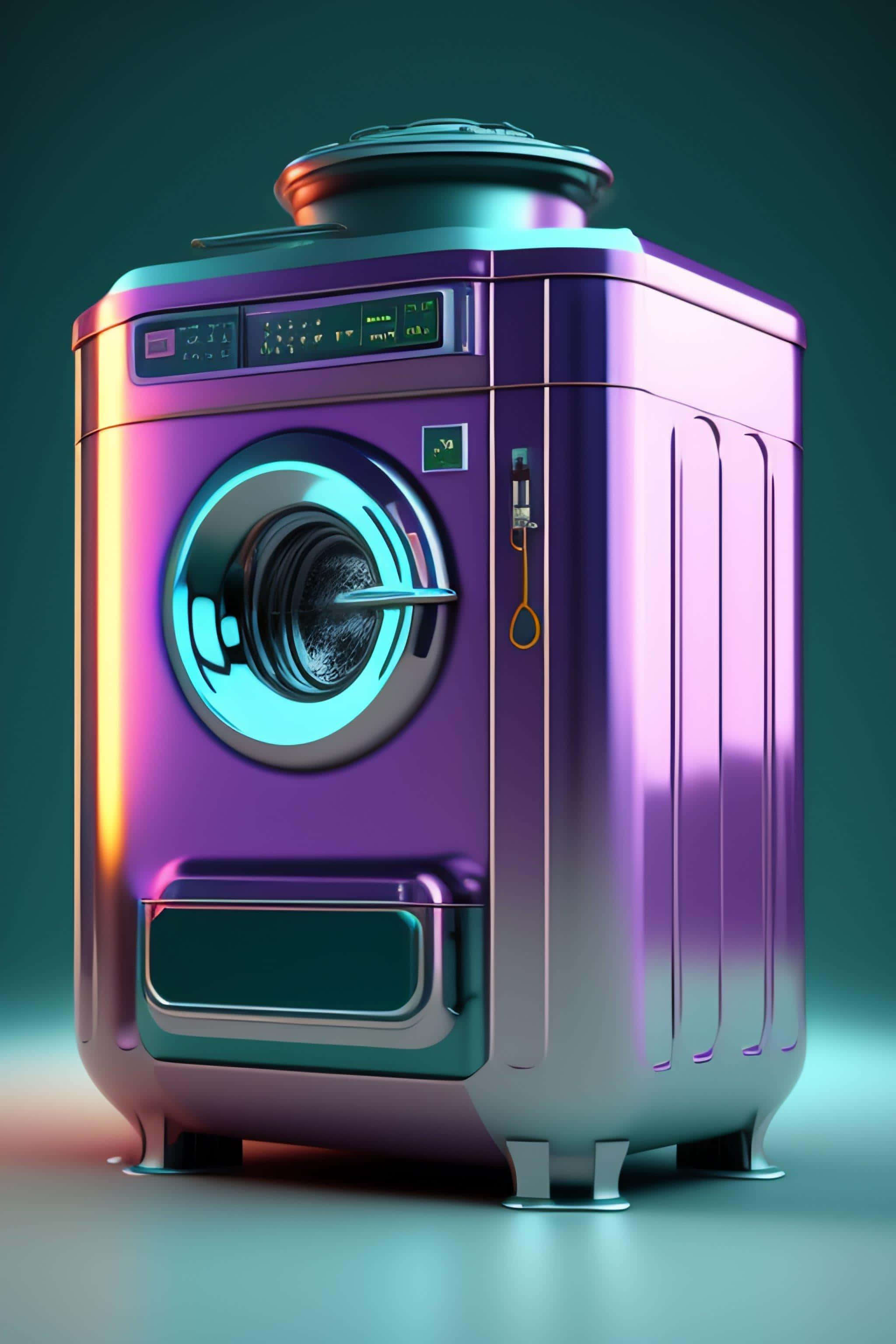 futuristic purple washing machine, glowing cyan accents, digital display, 2K Phone Wallpaper