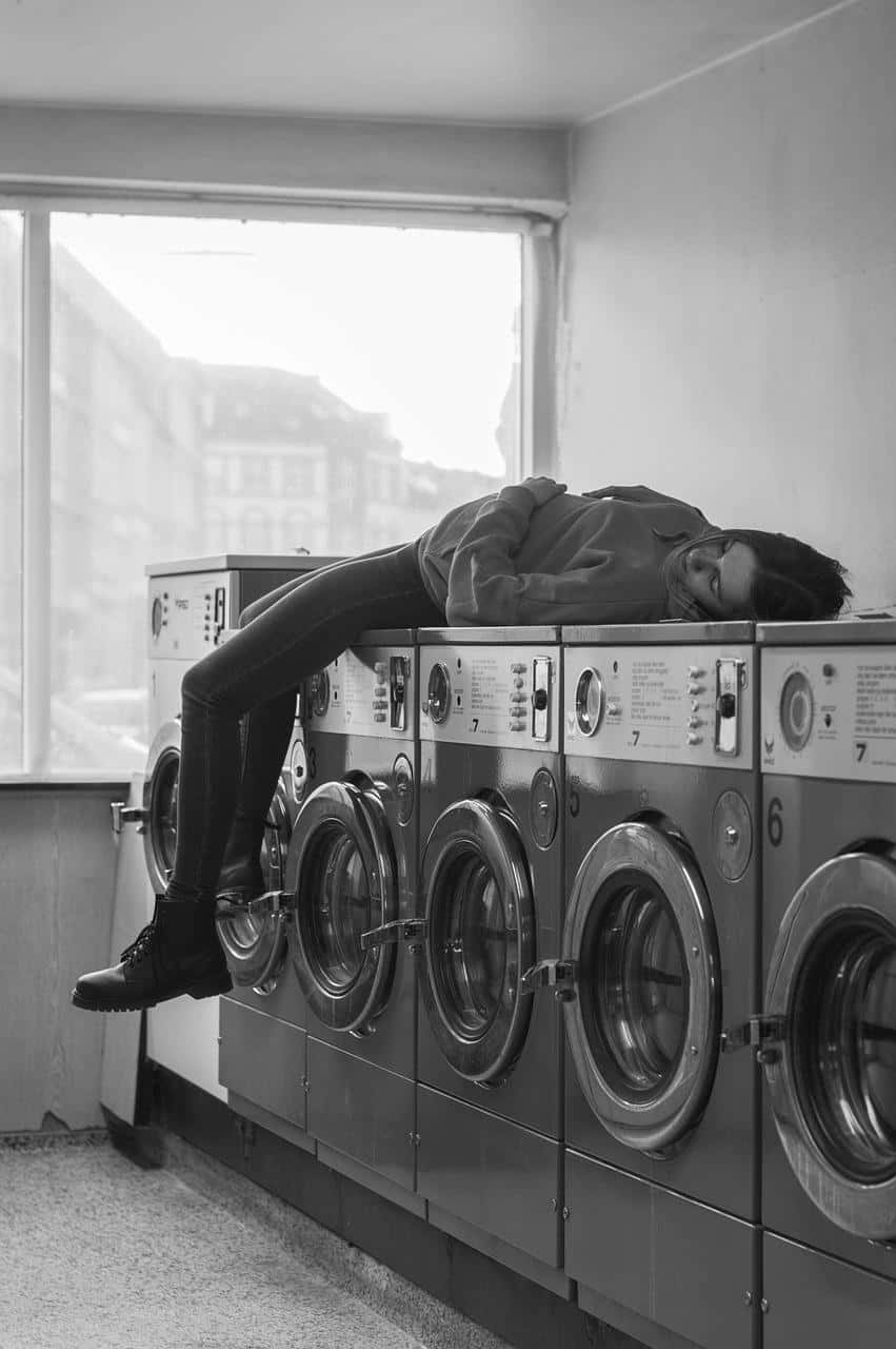 Laundromat, industrial washing machines, black and white, HD Phone Wallpaper